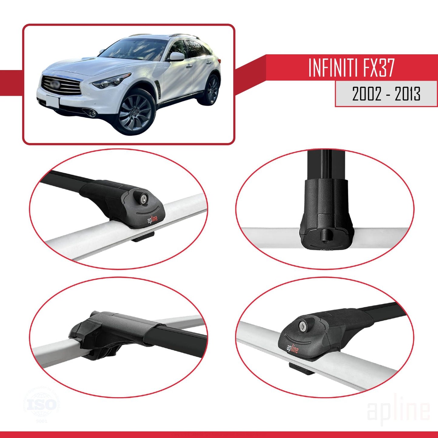 Compatible avec Infiniti FX37 2002-2013 ACE-1 Barres de Toit Railing Porte-Bagages de Voiture Noir Aluminium 3 Barres