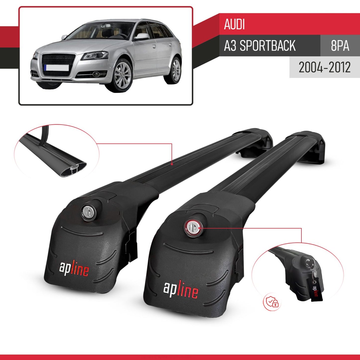 Compatible avec Audi A3 (8PA) Sportback 2004-2012 ACE-2 modèle Barres de Toit Railing Porte-Bagages de Voiture Noir Aluminium Barres