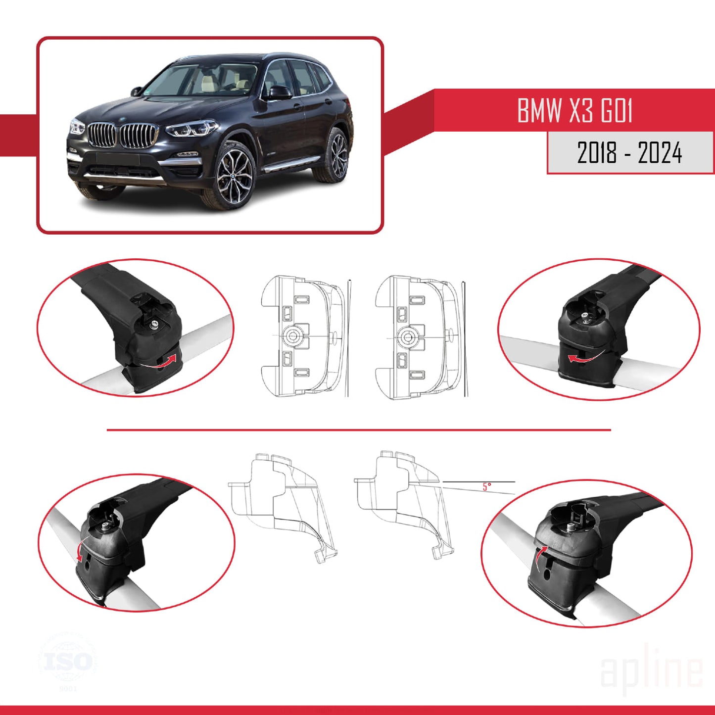 Compatibile con BMW X3 (G01) 2018-2024 ACE-2 Barre portatutto per auto Portapacchi in alluminio nero 2 barre