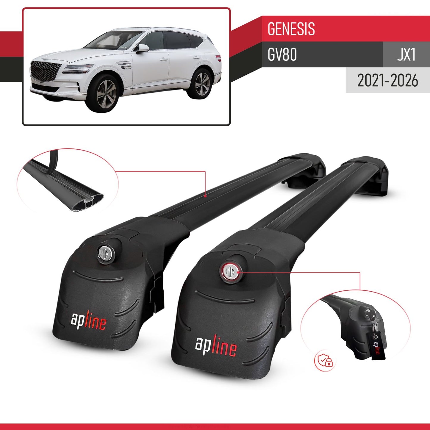 Compatible avec Genesis GV80 (JX1) 2021-2026 ACE-2 modèle Barres de Toit Railing Porte-Bagages de Voiture Noir Aluminium Barres