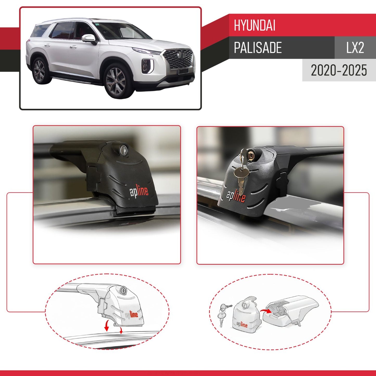 Compatible avec Hyundai Palisade (LX2) 2020-2025 ACE-2 modèle Barres de Toit Railing Porte-Bagages de Voiture Noir Aluminium Barres