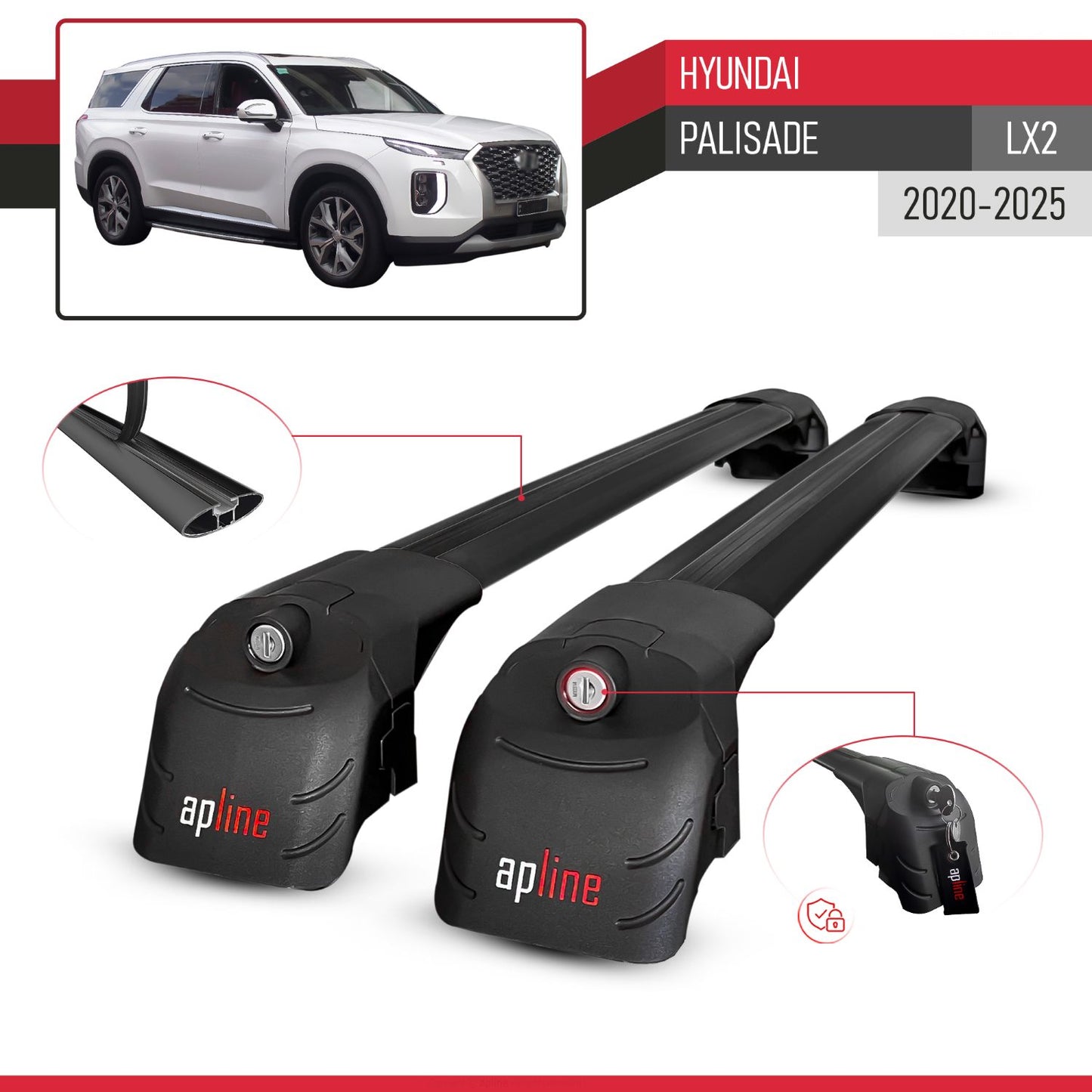 Compatible avec Hyundai Palisade (LX2) 2020-2025 ACE-2 modèle Barres de Toit Railing Porte-Bagages de Voiture Noir Aluminium Barres