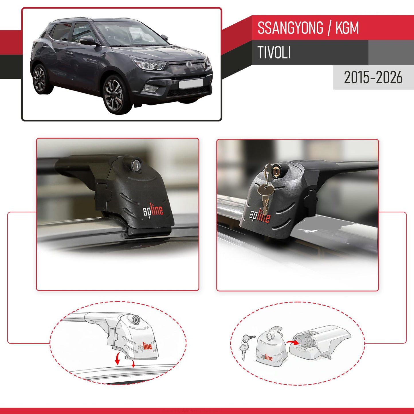 Compatible avec Ssangyong/KGM Tivoli 2015-2026 ACE-2 modèle Barres de Toit Railing Porte-Bagages de Voiture Noir Aluminium Barres