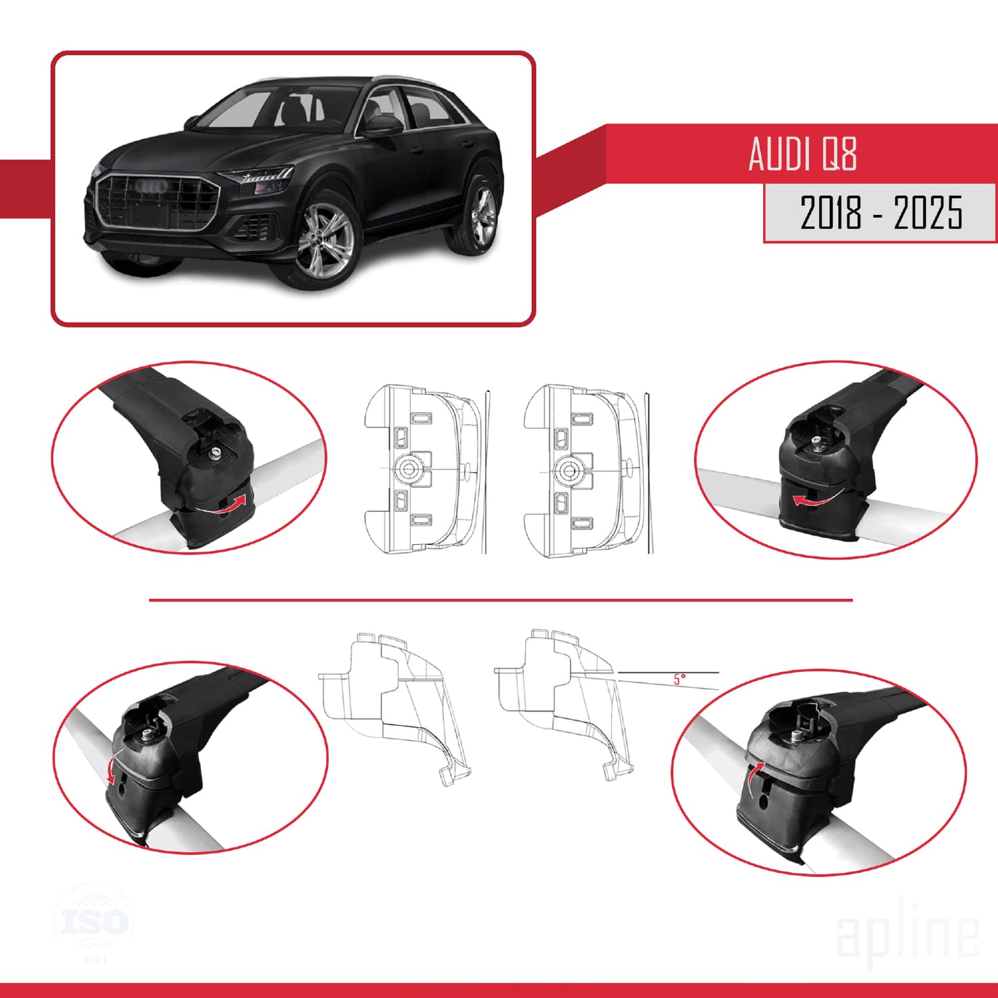 Compatible avec Q8 (F1) 2018-2025 ACE-2 Barres de Toit Railing Porte-Bagages de Voiture Noir Aluminium 2 Barres