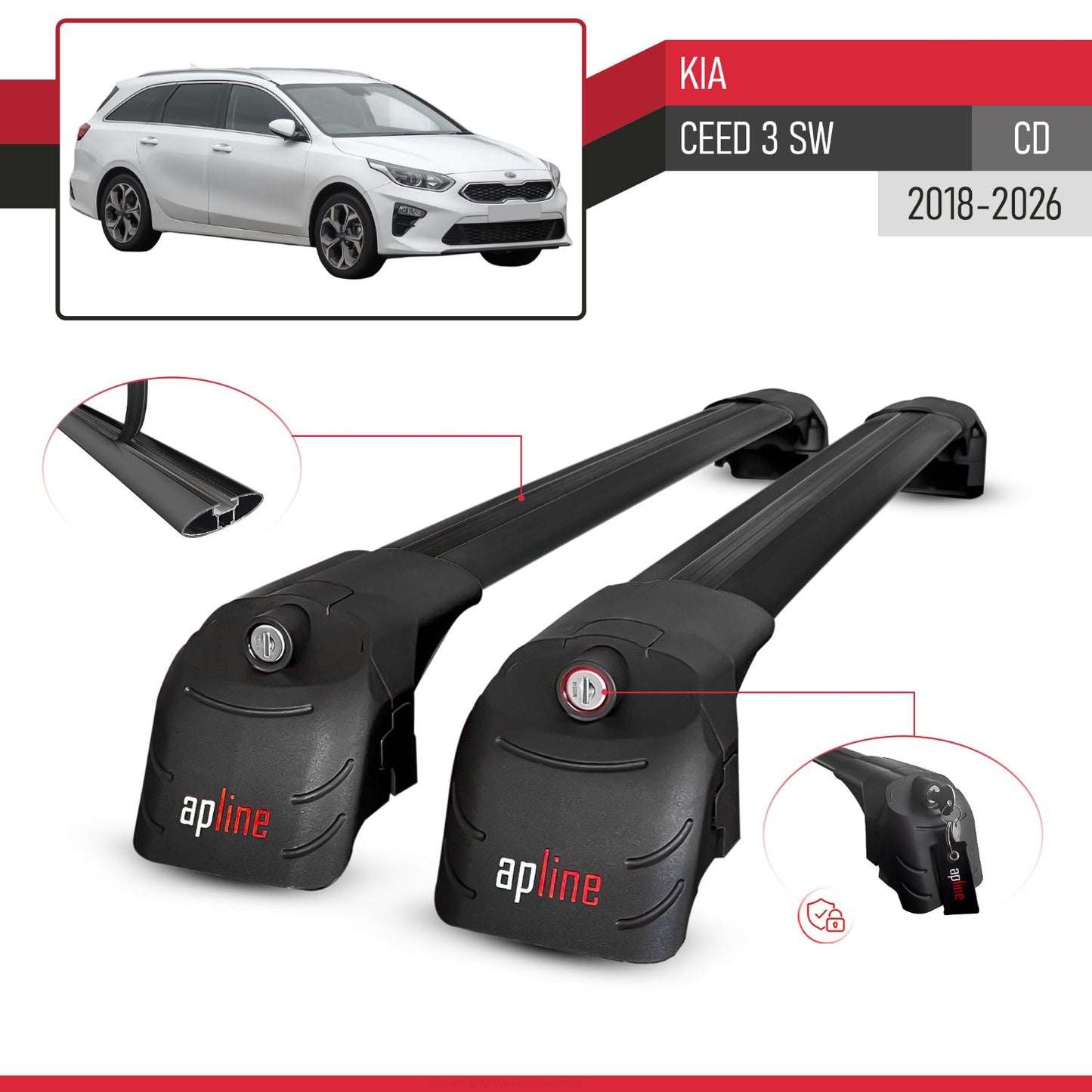 Compatible avec Kia Ceed 3 (CD) SW 2018-2026 ACE-2 modèle Barres de Toit Railing Porte-Bagages de Voiture Noir Aluminium Barres
