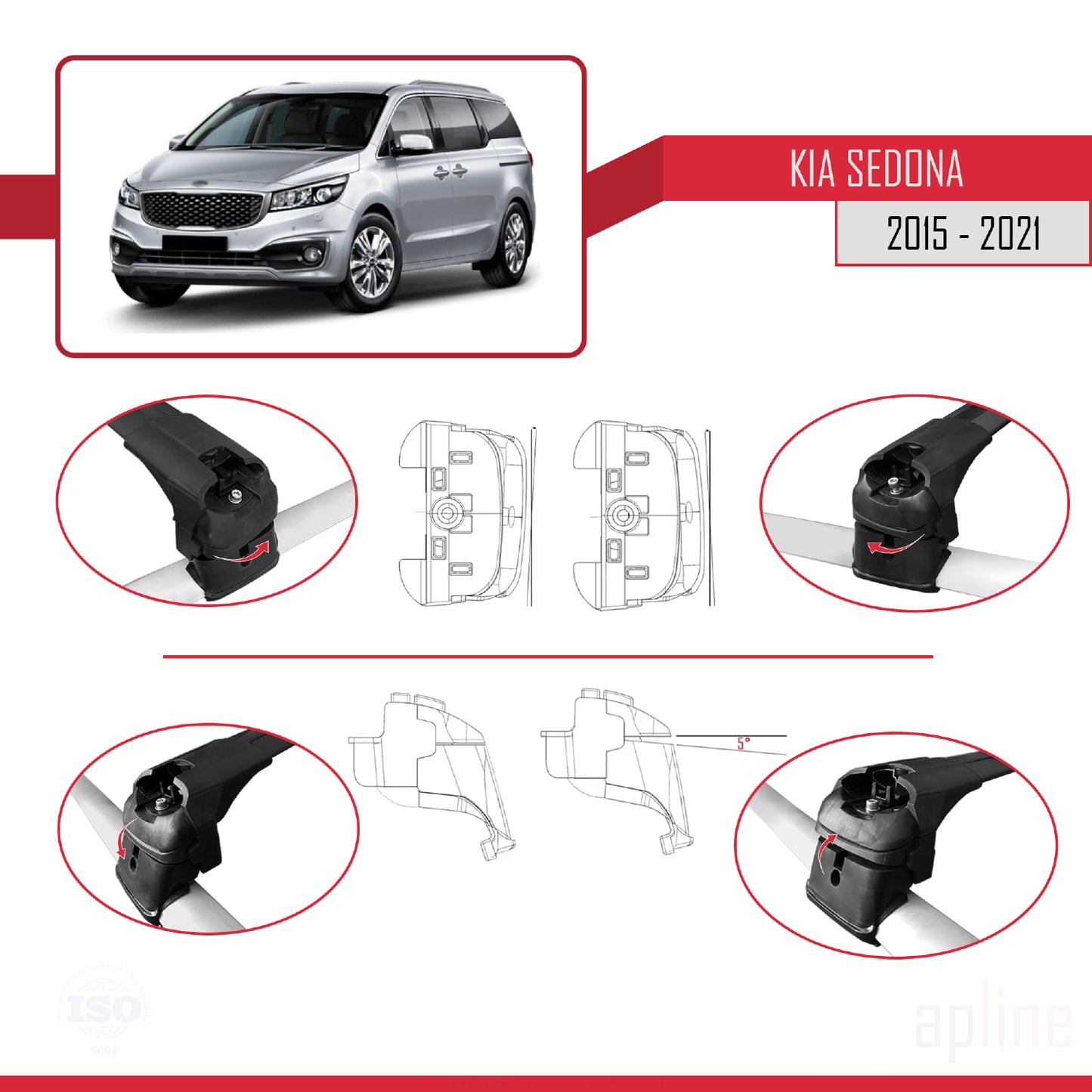 Compatible with Kia Sedona 3 (YP) 2015-2021 ACE-2 Car Roof Rack Cross Bar Black Aluminium 2 Bars