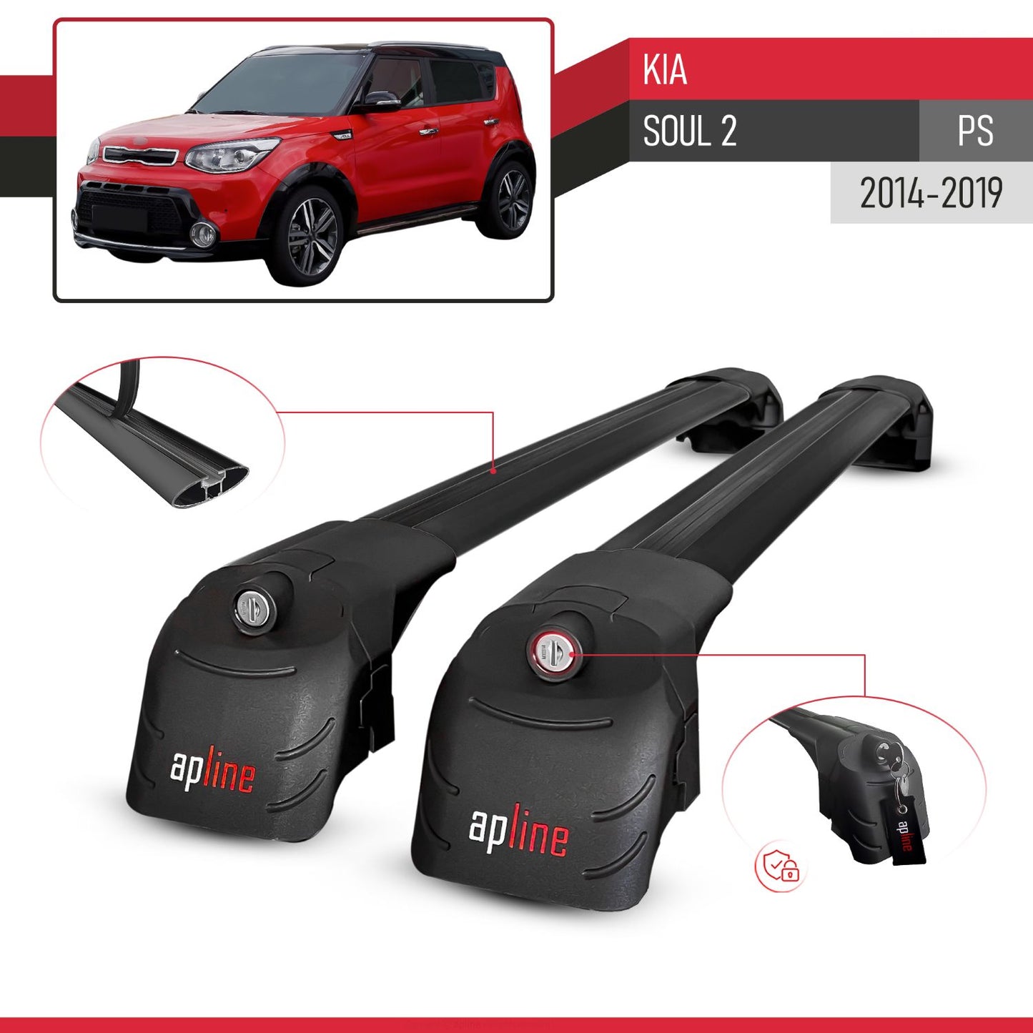 Compatible avec Kia Soul 2 (PS) 2014-2019 ACE-2 modèle Barres de Toit Railing Porte-Bagages de Voiture Noir Aluminium Barres