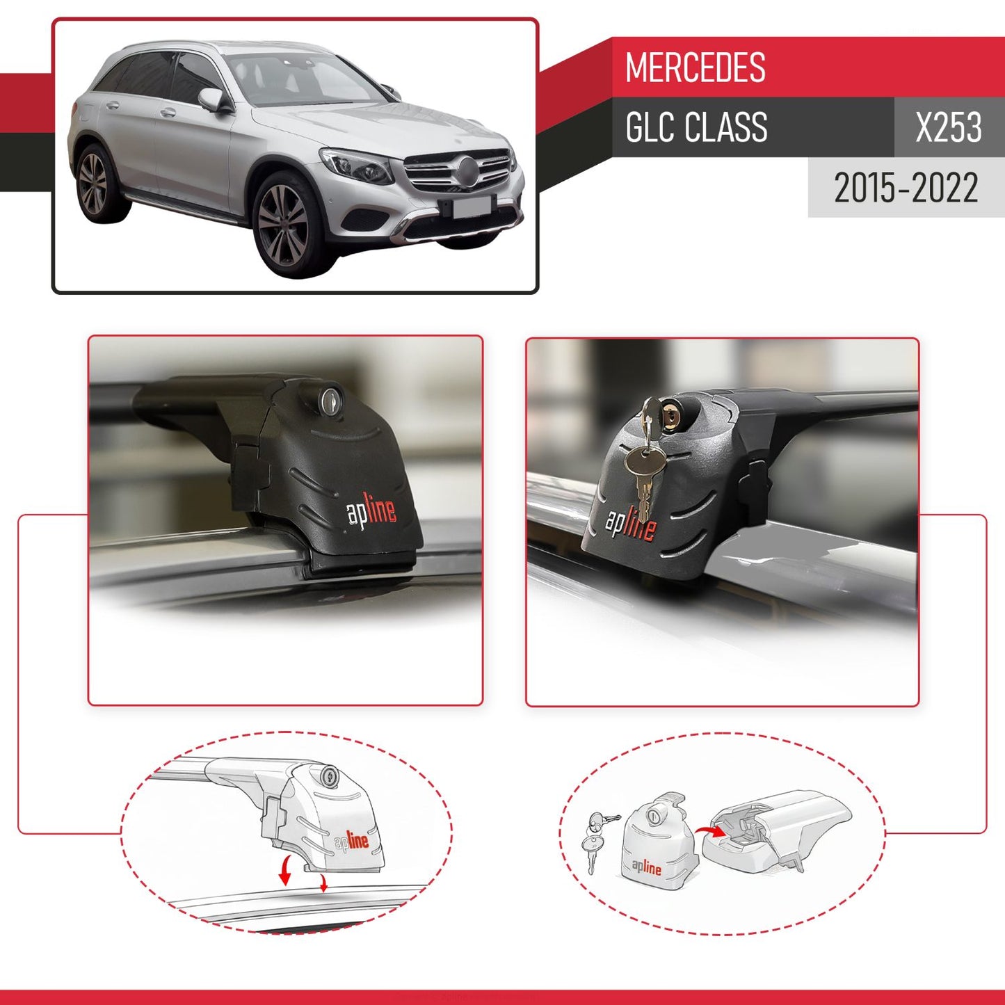 Compatible avec Mercedes GLC Class (X253) 2015-2022 (No-Sunroof) ACE-2 modèle Barres de Toit Railing Porte-Bagages de Voiture Noir Aluminium Barres