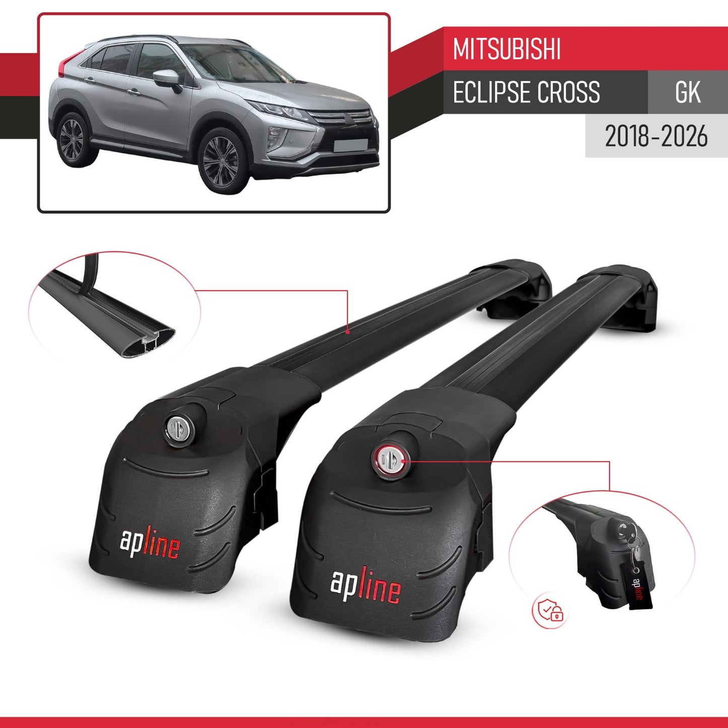 Compatible avec Mitsubishi Eclipse Cross (GK) 2018-2026 ACE-2 modèle Barres de Toit Railing Porte-Bagages de Voiture Noir Aluminium Barres