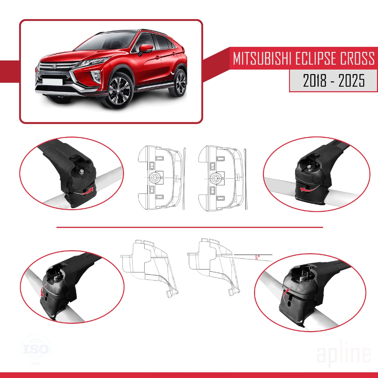 Compatible avec Mitsubishi Eclipse Cross (GK) 2018-2025 ACE-2 Barres de Toit Railing Porte-Bagages de Voiture Noir Aluminium 2 Barres