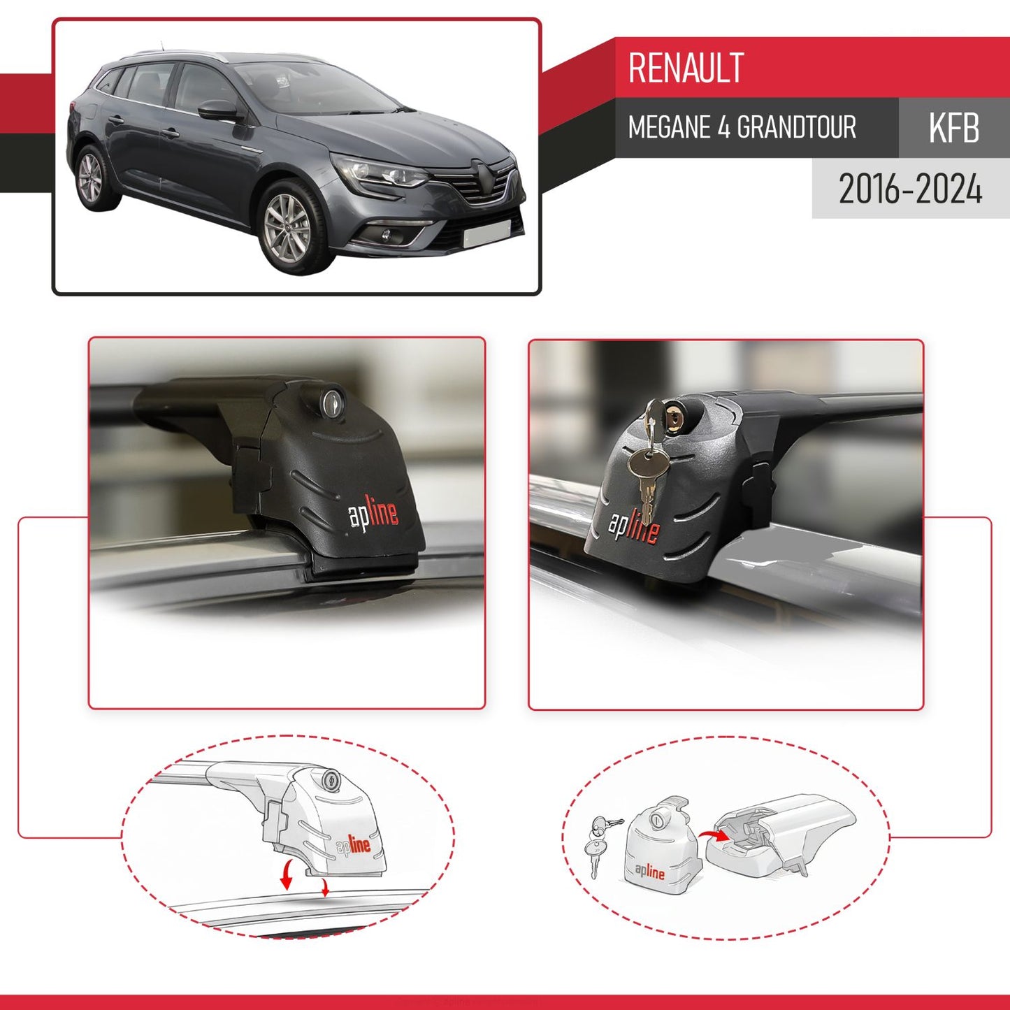 Compatible avec Renault Megane 4 (KFB) Grandtour 2016-2024 ACE-2 modèle Barres de Toit Railing Porte-Bagages de Voiture Noir Aluminium Barres