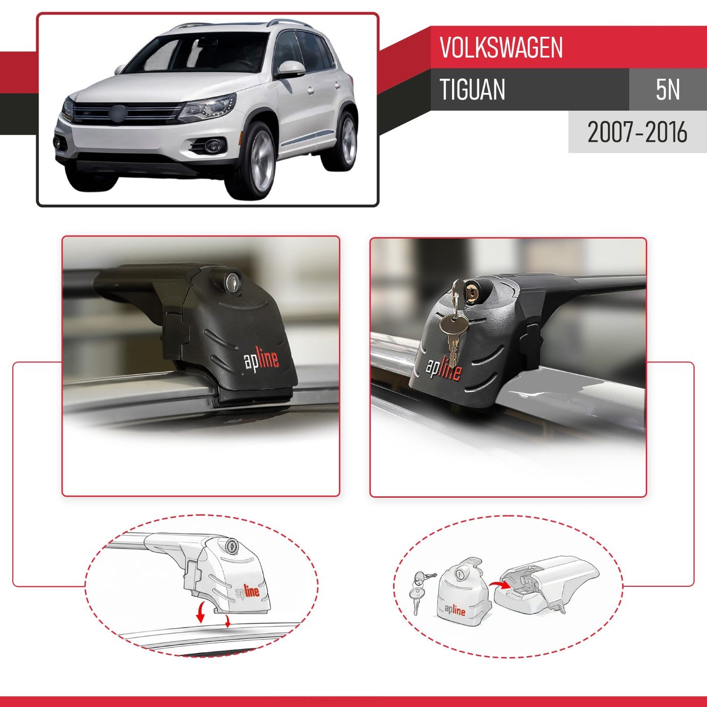 Compatible avec Volkswagen Tiguan (5N) 2007-2016 ACE-2 modèle Barres de Toit Railing Porte-Bagages de Voiture Noir Aluminium Barres