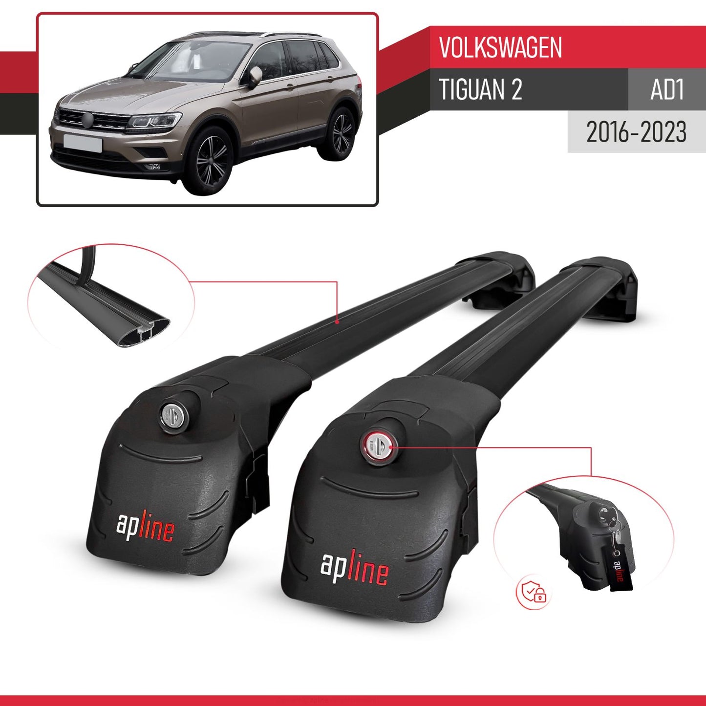 Compatible avec Volkswagen Tiguan 2 (AD1) 2016-2023 ACE-2 modèle Barres de Toit Railing Porte-Bagages de Voiture Noir Aluminium Barres