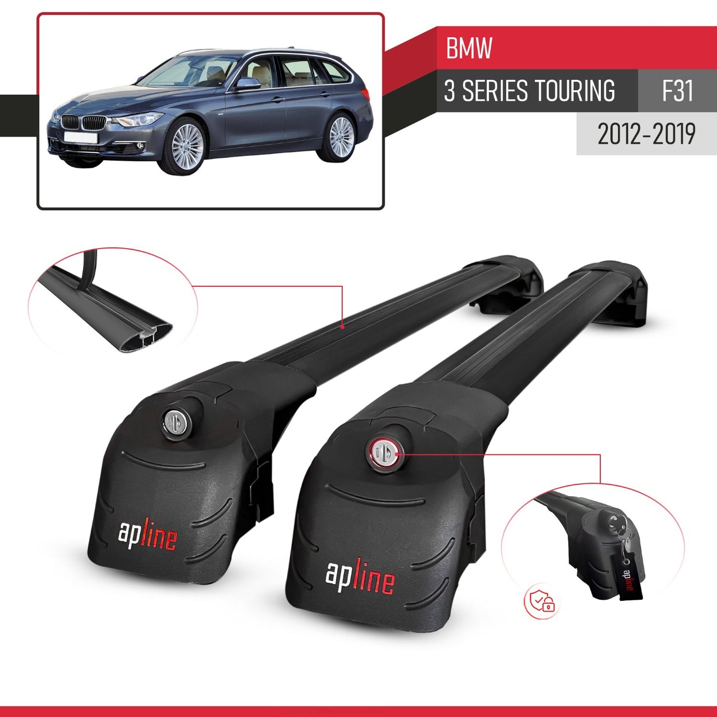 Compatible with BMW 3 Series (F31) Touring 2012-2019 ACE-2 Car Roof Rack Cross Bar Black Aluminium 2 Bars