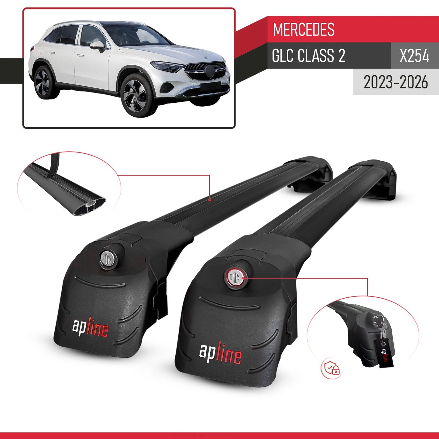 Compatible avec Mercedes GLC Class 2 (X254) 2023-2026 ACE-2 modèle Barres de Toit Railing Porte-Bagages de Voiture Noir Aluminium Barres