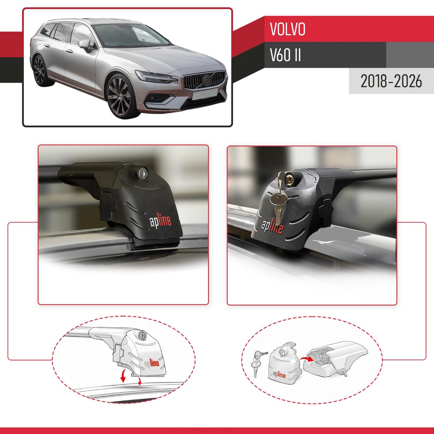 Compatible avec Volvo V60 II 2018-2026 ACE-2 modèle Barres de Toit Railing Porte-Bagages de Voiture Noir Aluminium Barres