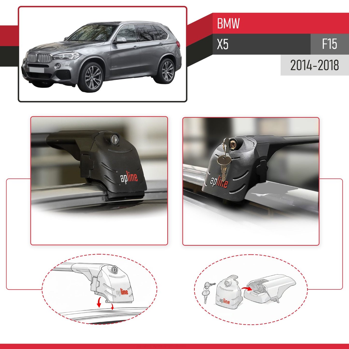 Compatible avec BMW X5 (F15) 2014-2018 2 Adet ACE-2 modèle Barres de Toit Railing Porte-Bagages de Voiture Noir Aluminium Barres