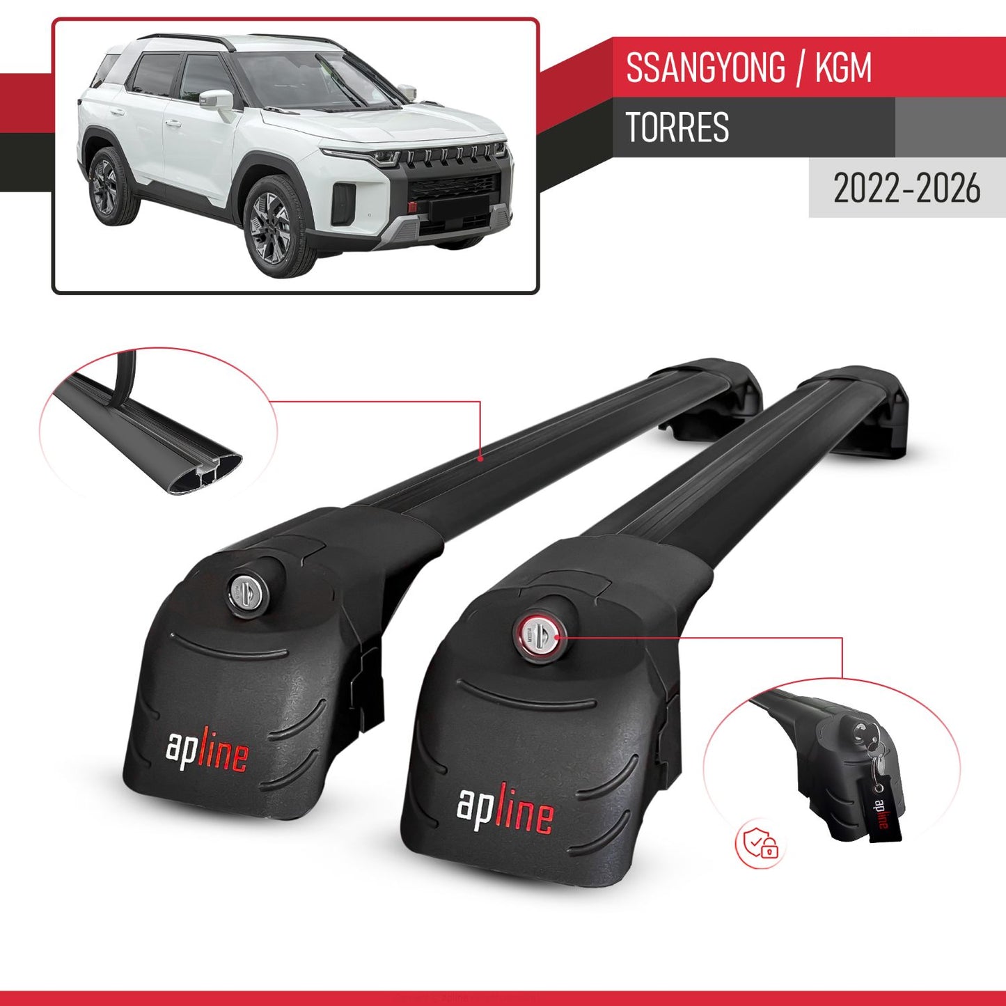 Compatible avec SsangYong / KGM Torres 2022-2026 ACE-2 modèle Barres de Toit Railing Porte-Bagages de Voiture Noir Aluminium Barres