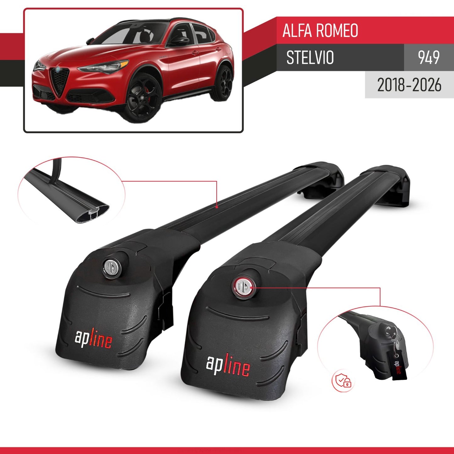 Compatible with Alfa Romeo Stelvio 2018-2024 ACE-2 Car Roof Rack Cross Bar Black Aluminium 2 Bars