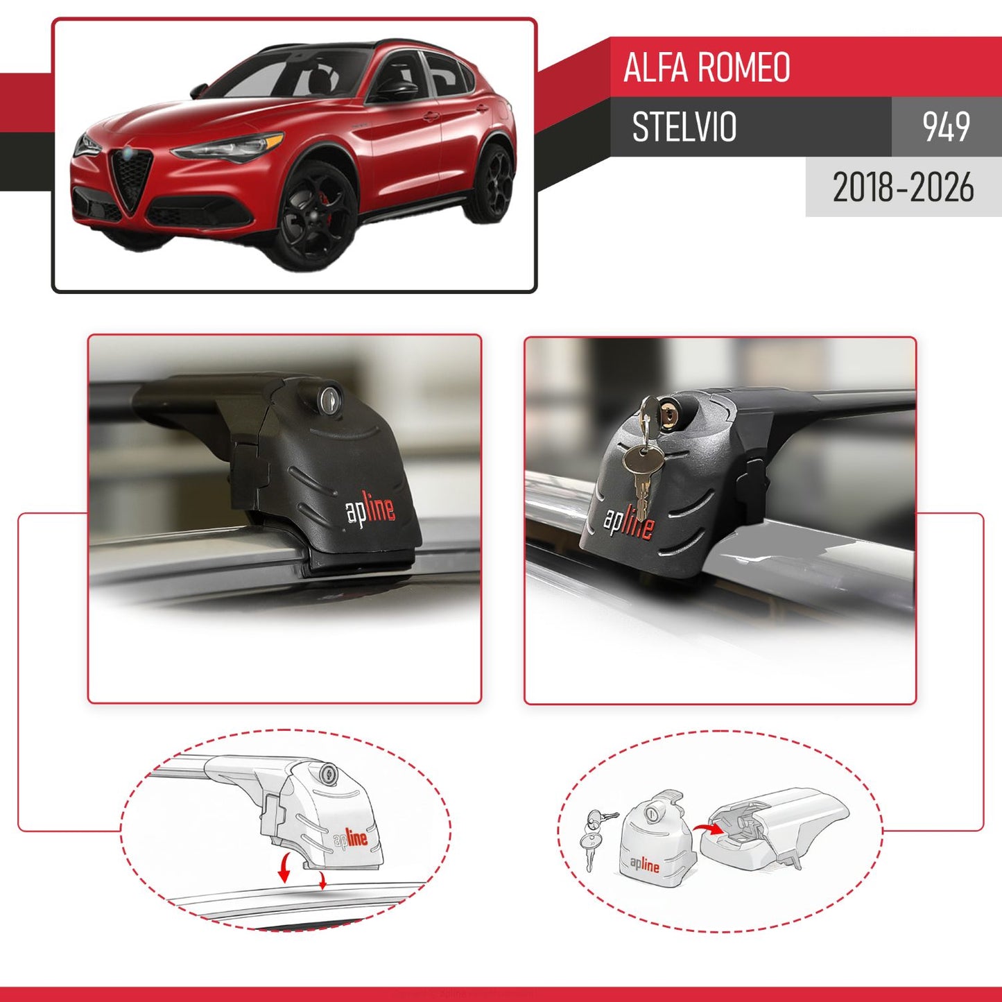 Compatible with Alfa Romeo Stelvio 2018-2024 ACE-2 Car Roof Rack Cross Bar Black Aluminium 2 Bars
