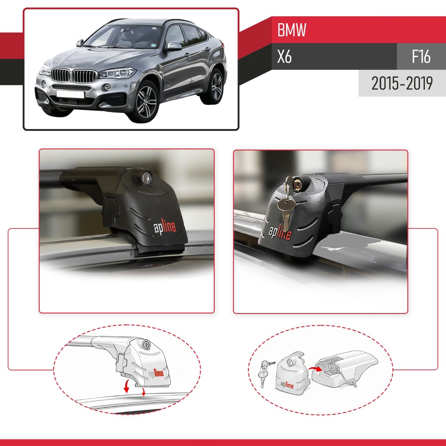 Compatible avec BMW X6 (F16) 2015-2019 ACE-2 modèle Barres de Toit Railing Porte-Bagages de Voiture Noir Aluminium Barres
