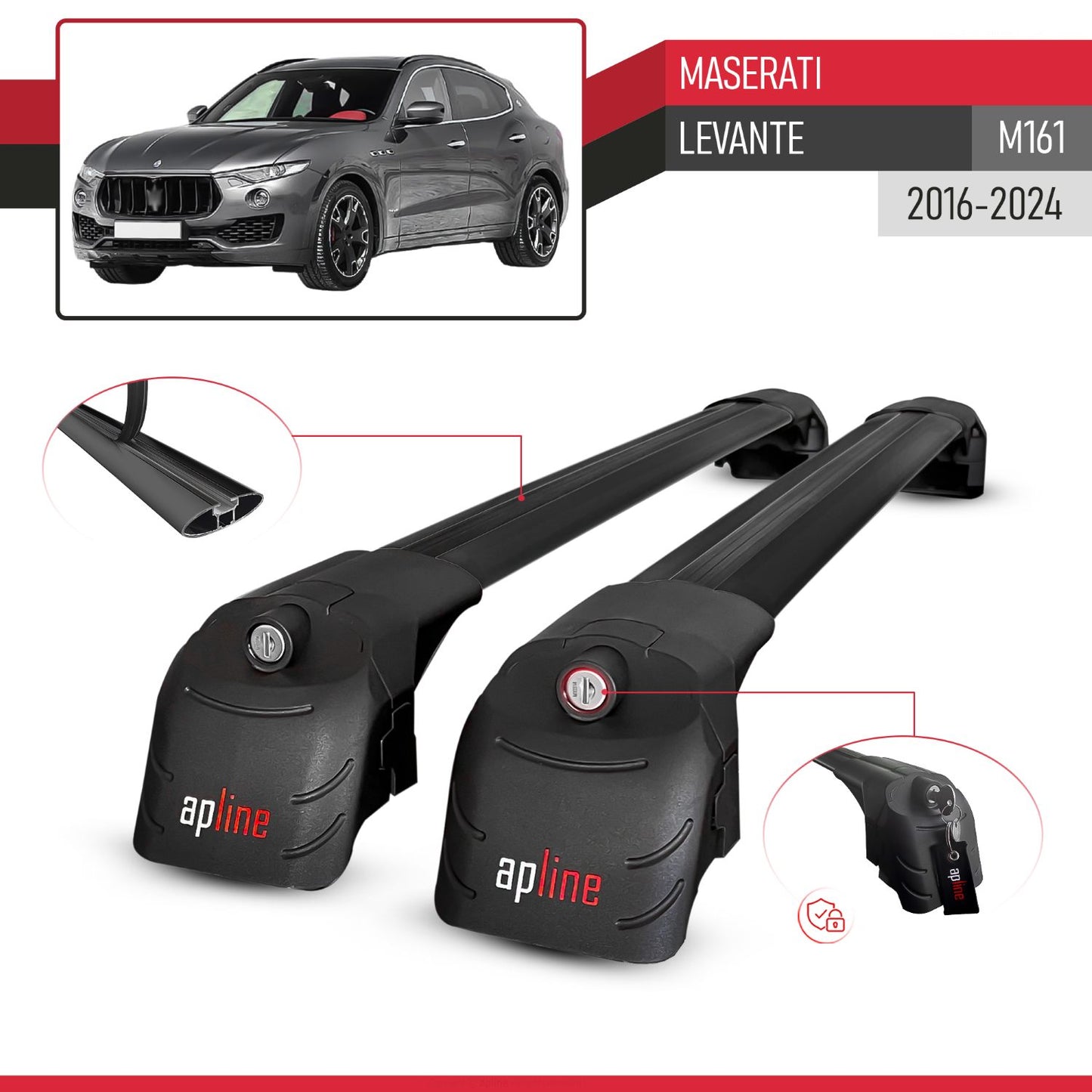 Compatible avec Maserati Levante (M161) 2016-2024 ACE-2 modèle Barres de Toit Railing Porte-Bagages de Voiture Noir Aluminium Barres