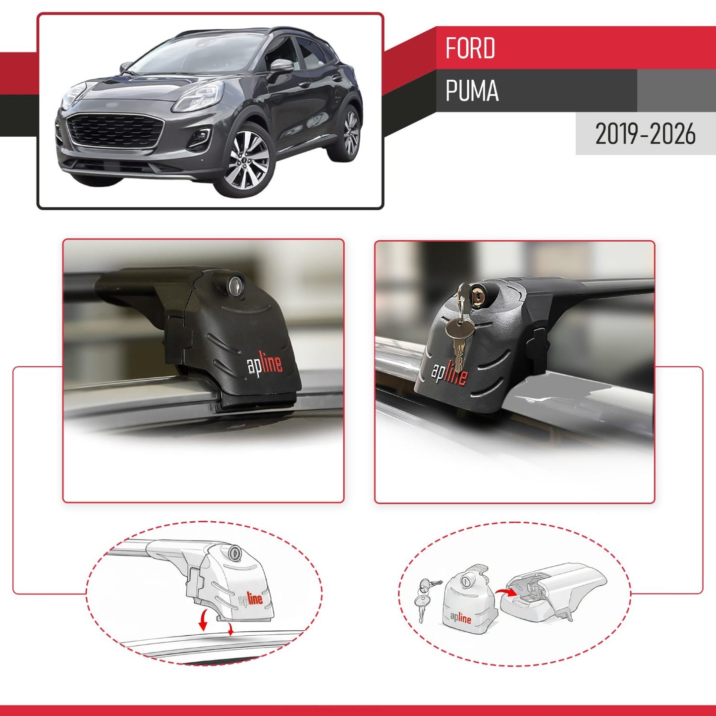 Compatible avec Ford Puma 2019-2026 ACE-2 modèle Barres de Toit Railing Porte-Bagages de Voiture Noir Aluminium Barres