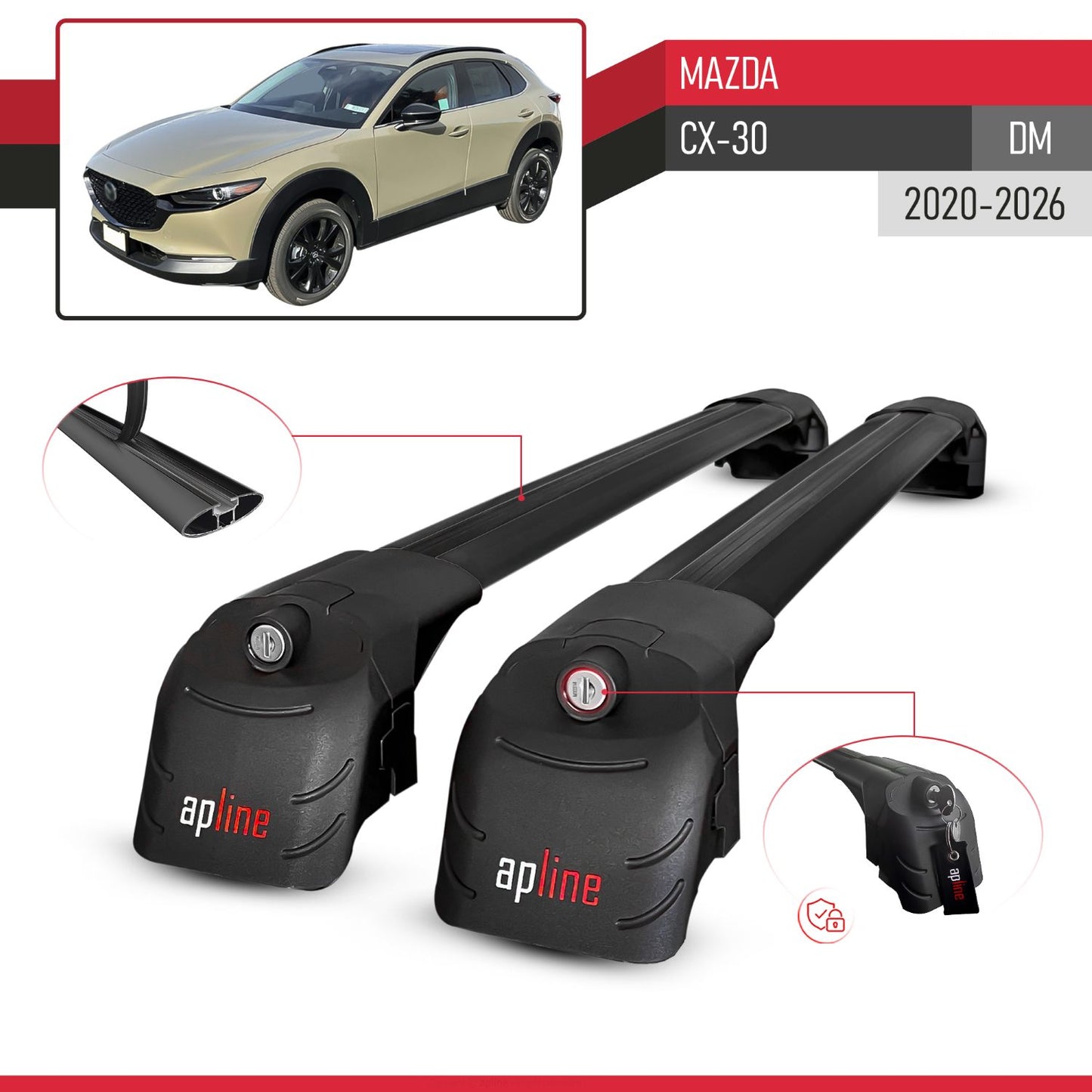 Compatible avec Mazda CX-30 (DM) 2020-2026 ACE-2 modèle Barres de Toit Railing Porte-Bagages de Voiture Noir Aluminium Barres