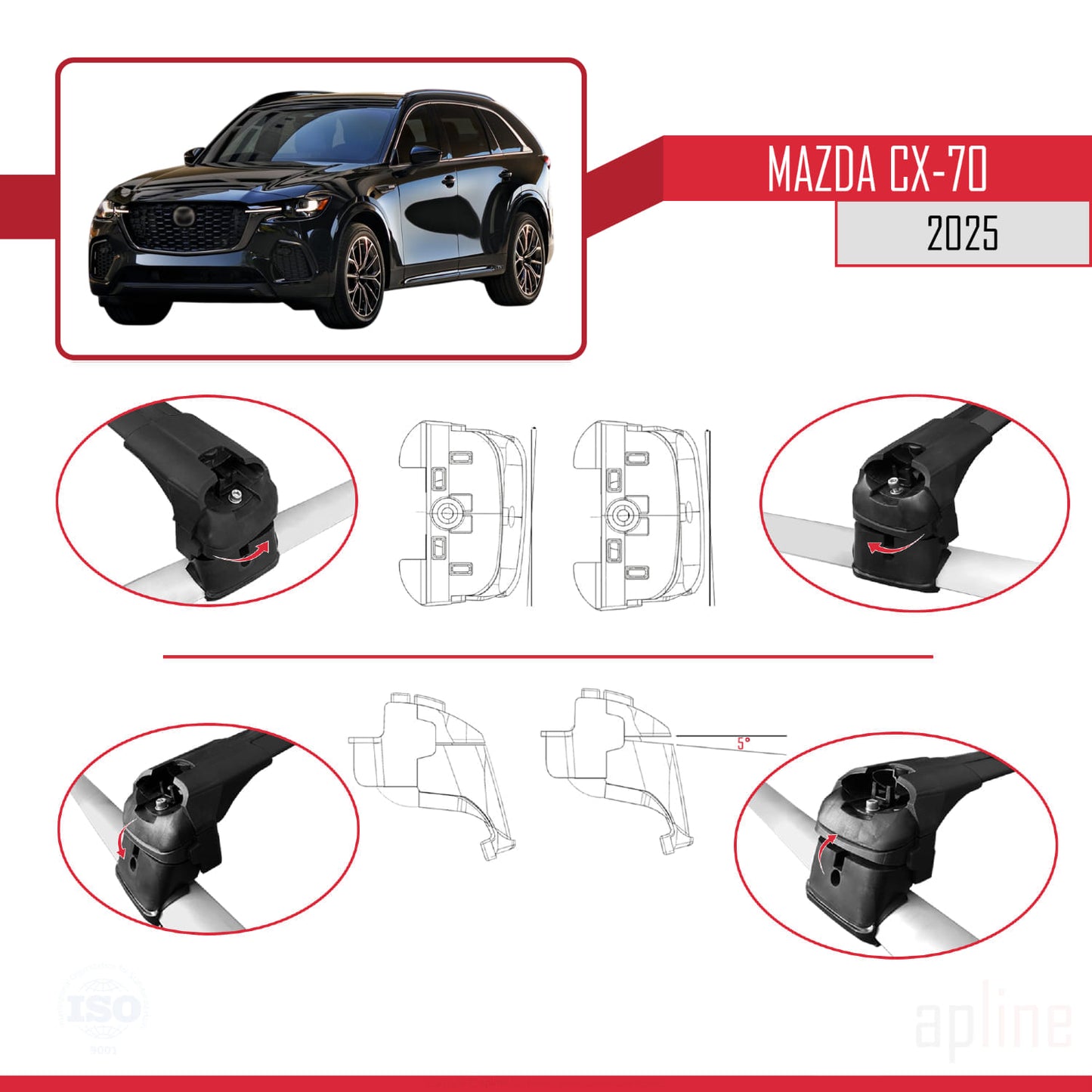 Compatible avec Mazda CX-70 2025 ACE-2 Barres de Toit Railing Porte-Bagages de Voiture Noir Aluminium 2 Barres