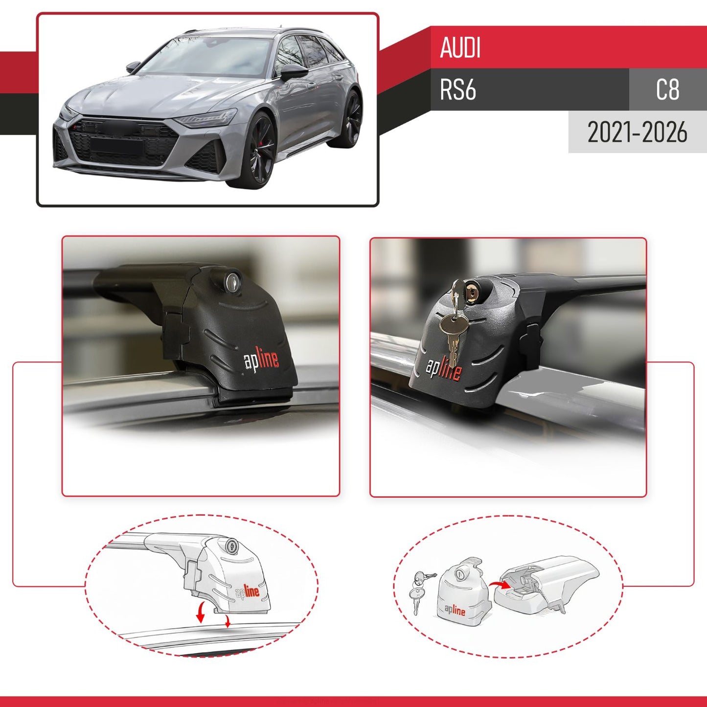 Compatible avec Audi RS6 (C8) 2021-2026 ACE-2 modèle Barres de Toit Railing Porte-Bagages de Voiture Noir Aluminium Barres
