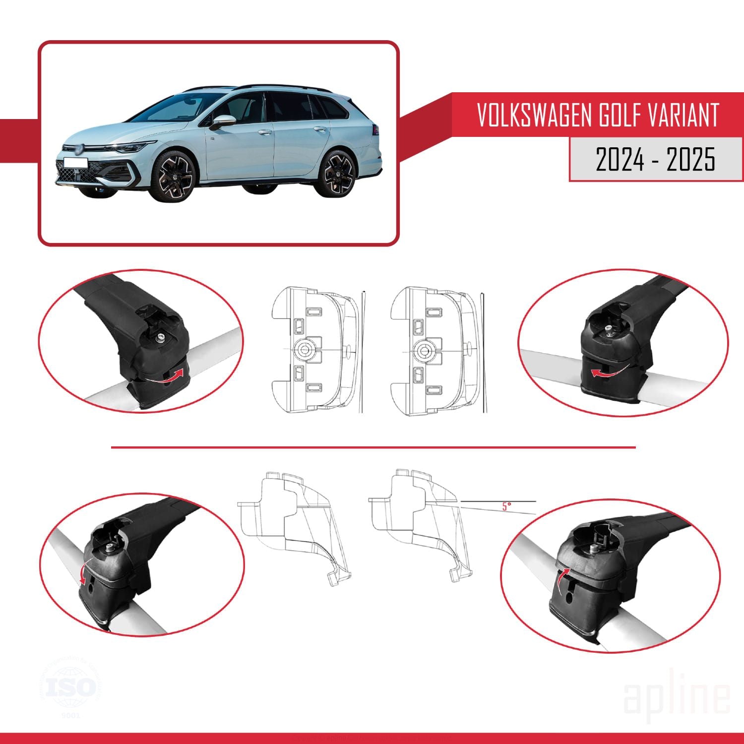 Compatible avec Volkswagen Golf Variant 2024-2025 ACE-2 Barres de Toit Railing Porte-Bagages de Voiture Noir Aluminium 2 Barres