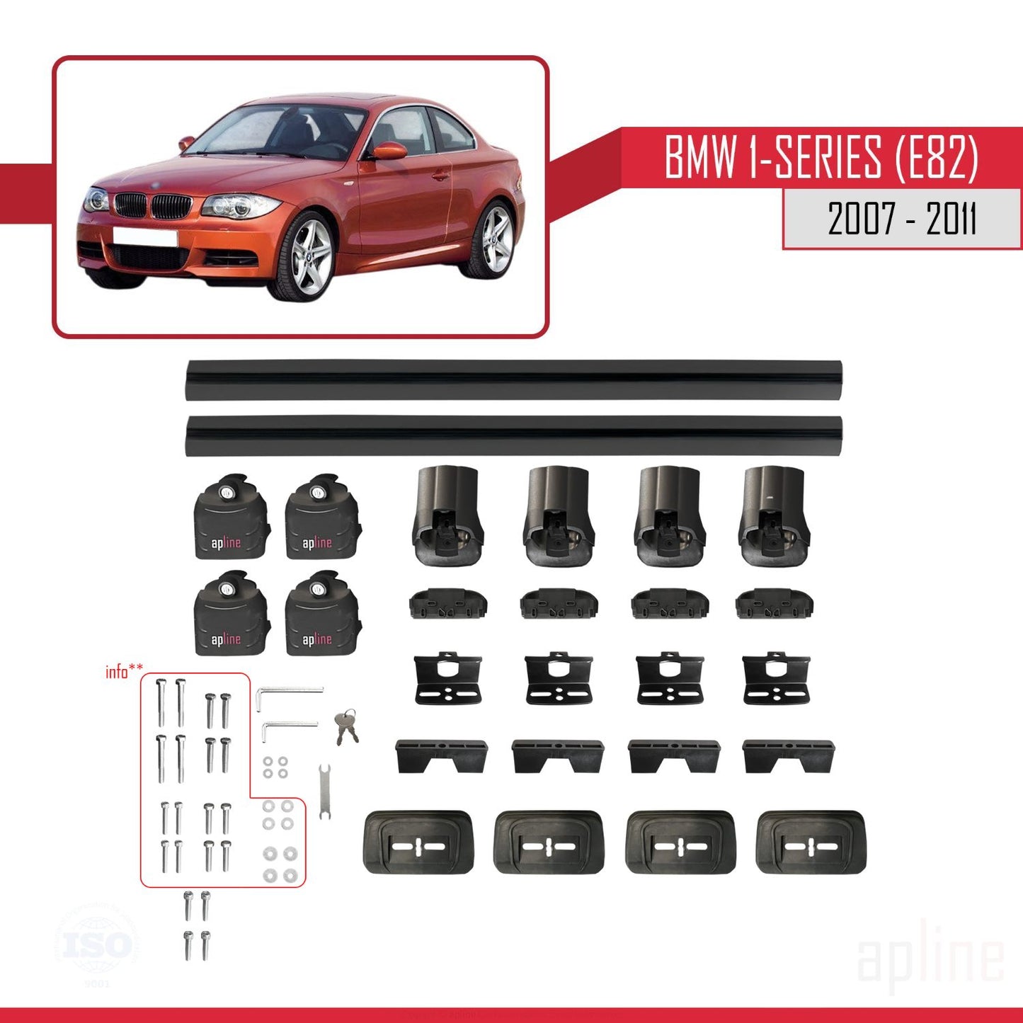 Kompatibel mit BMW 1er (E82) 2007-2013 ACE-3 Dachträger, Auto-Dachgepäckträger, schwarzes Aluminium, 2 Stangen
