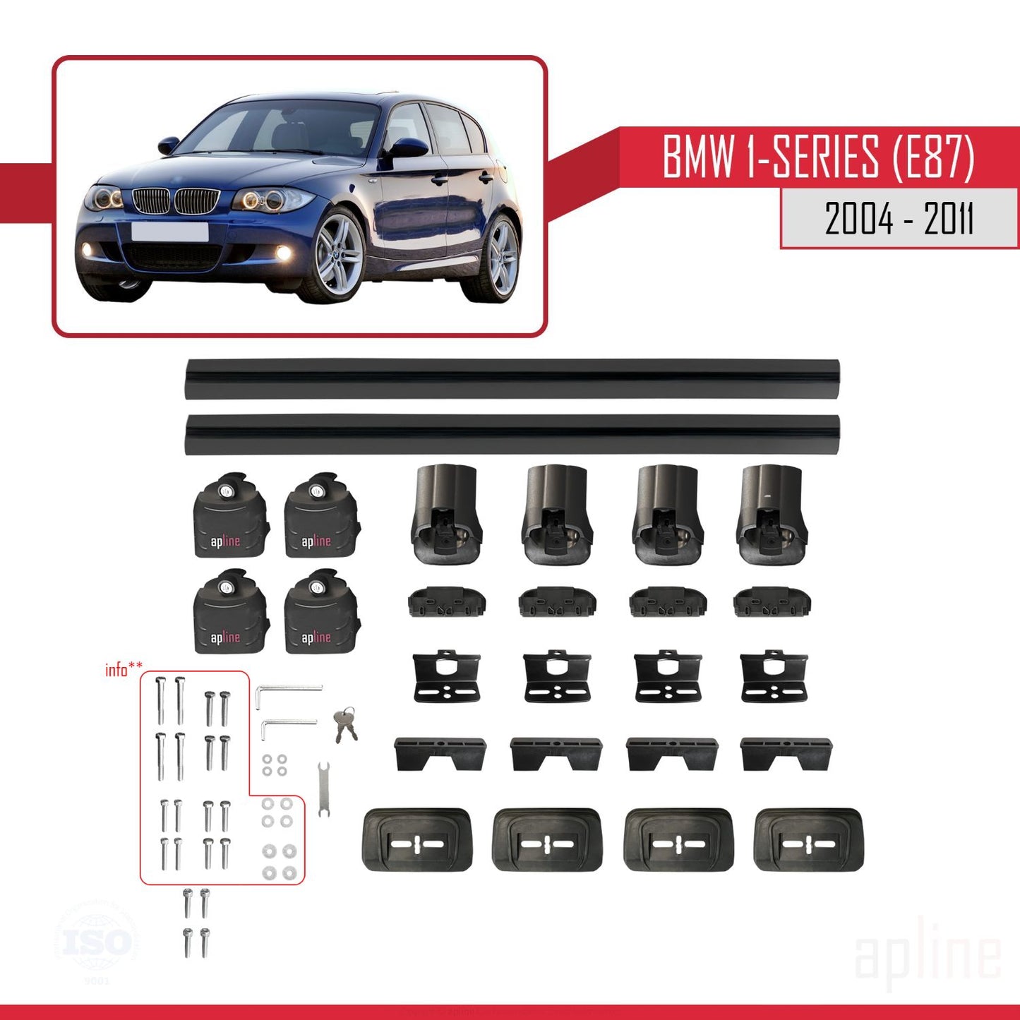 Kompatibel mit BMW 1er (E87) 2004-2011 ACE-3 Dachträger, Auto-Dachgepäckträger, schwarzes Aluminium, 2 Querträger