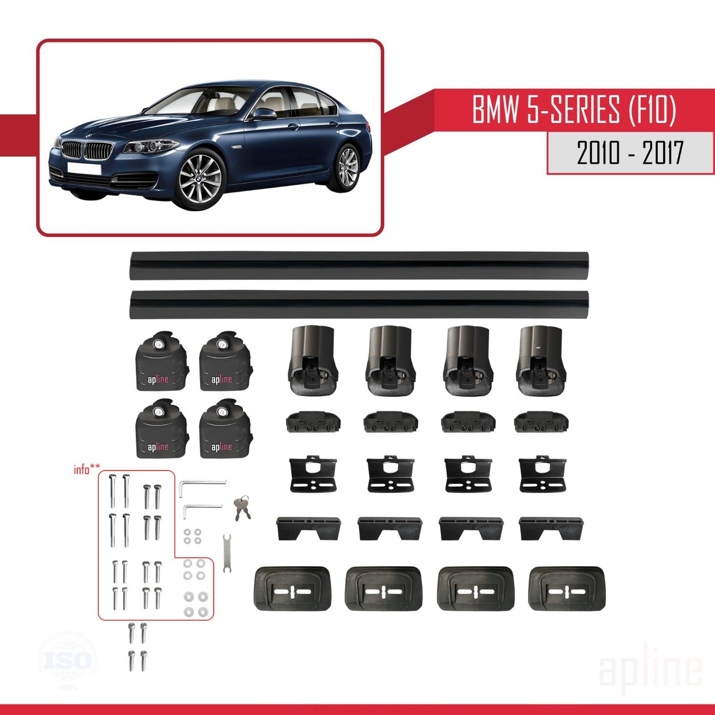 Kompatibel mit BMW 5er (F10) 2010-2017 ACE-3 Dachträger, Auto-Dachgepäckträger, schwarzes Aluminium, 2 Stangen