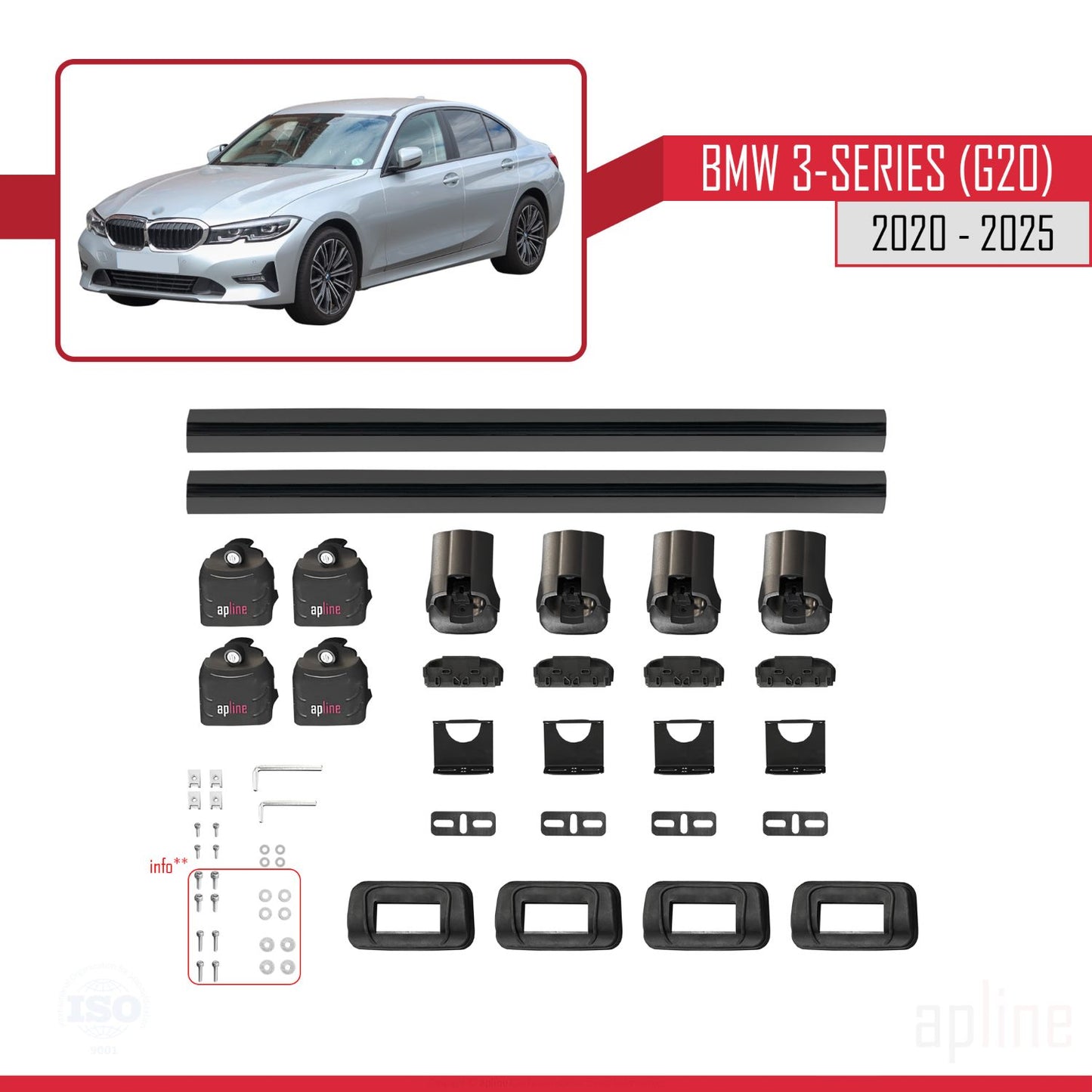 Compatible avec BMW Série 3 (G20) 2020-2025 ACE-3 Barres de Toit Railing Porte-Bagages de Voiture Noir Aluminium 2 Barres