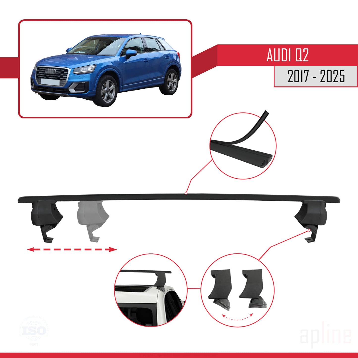 Compatible avec Q2 (GA) 2017-2025 ACE-4 Barres de Toit Railing Porte-Bagages de Voiture Noir Aluminium 2 Barres