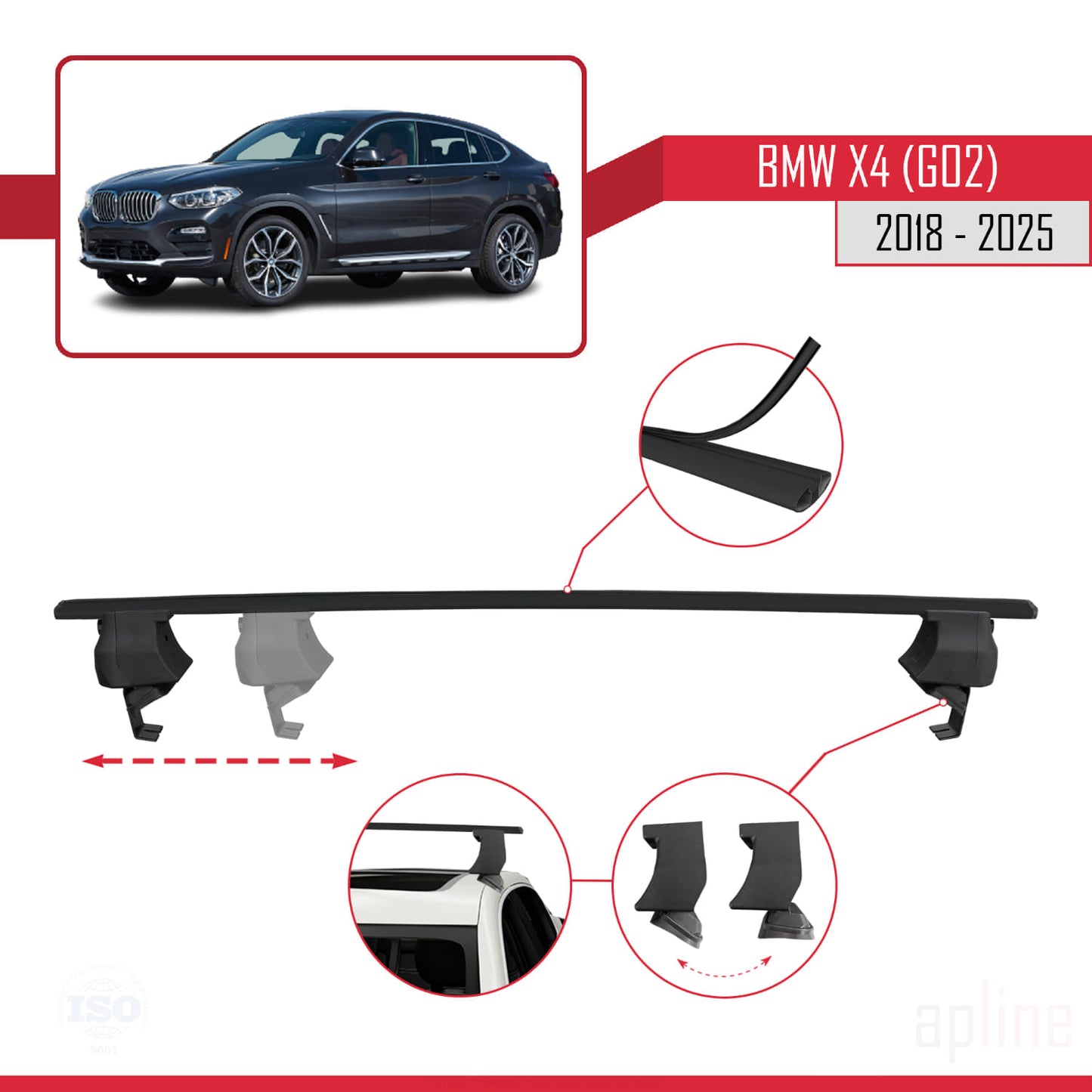 Compatible avec BMW X4 (G02) 2018-2025 ACE-4 Barres de Toit Railing Porte-Bagages de Voiture Noir Aluminium 2 Barres