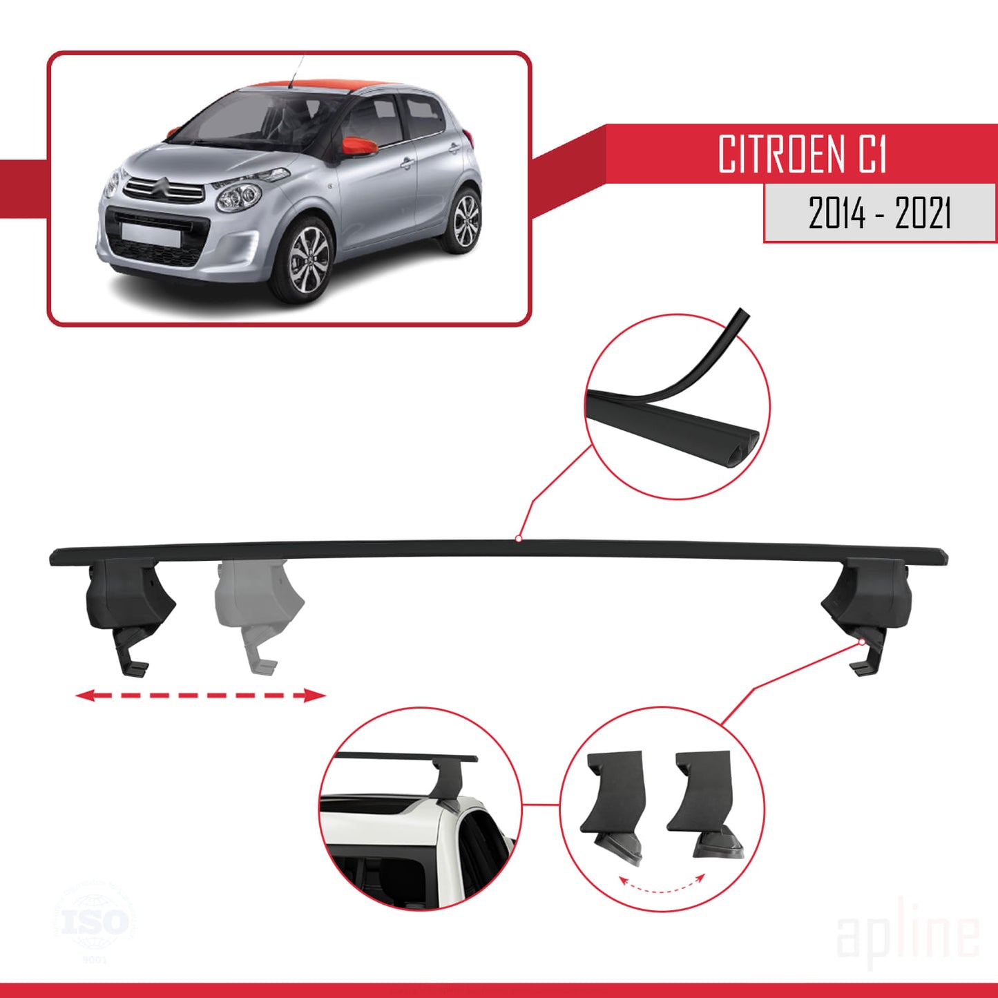 Compatibile con Citroen C1 (AB40) 2014-2021 ACE-4 Barre portatutto per auto Portapacchi in alluminio nero 2 barre