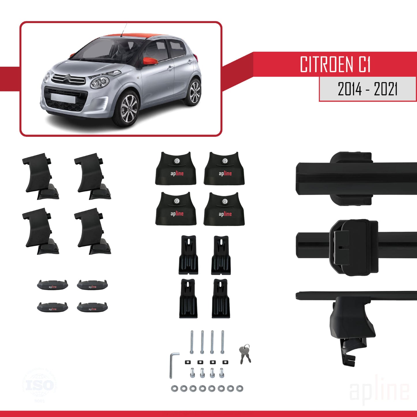 Compatibile con Citroen C1 (AB40) 2014-2021 ACE-4 Barre portatutto per auto Portapacchi in alluminio nero 2 barre