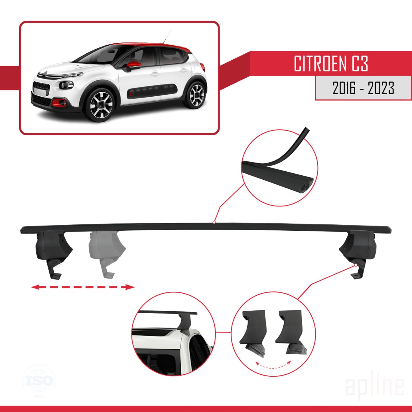 Compatible avec Citroen C3 III (SX/SY) 2016-2023 ACE-4 Barres de Toit Railing Porte-Bagages de Voiture Noir Aluminium 2 Barres