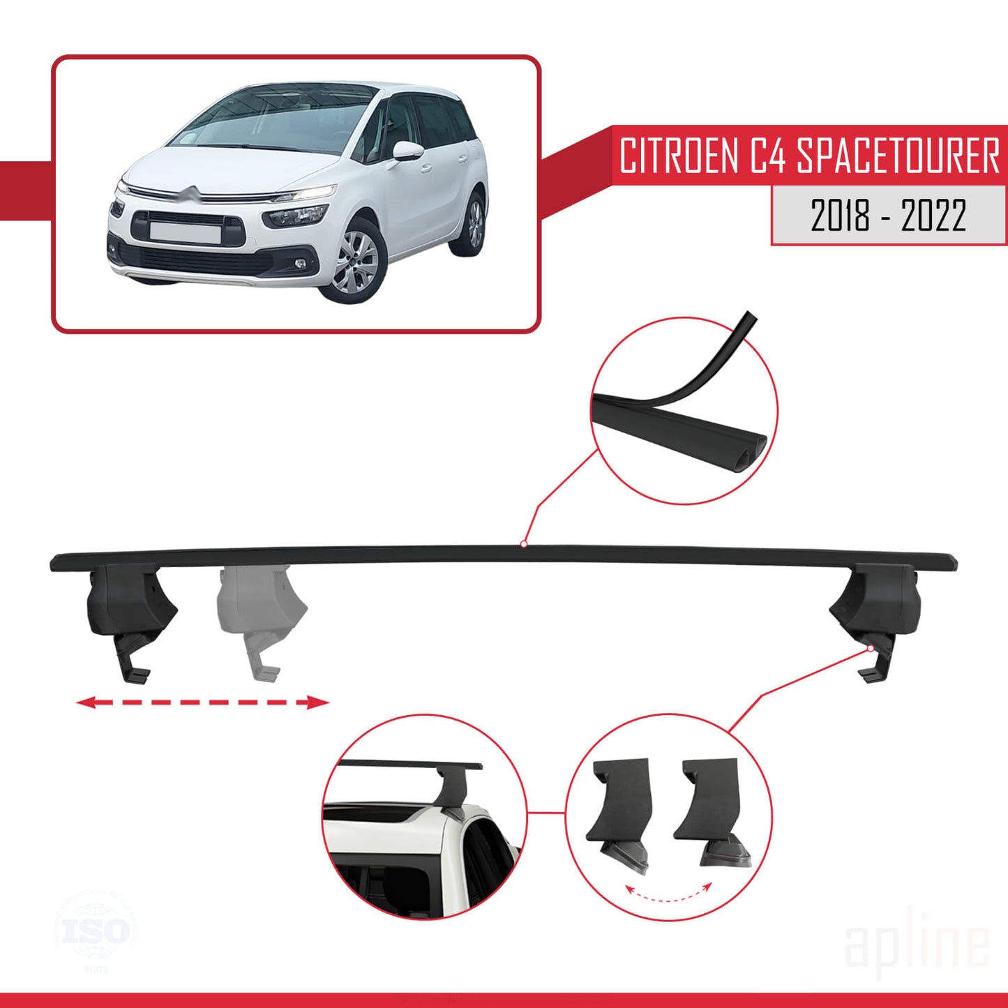 Compatible avec Citroen C4 Spacetourer 2018-2022 ACE-4 Barres de Toit Railing Porte-Bagages de Voiture Noir Aluminium 2 Barres