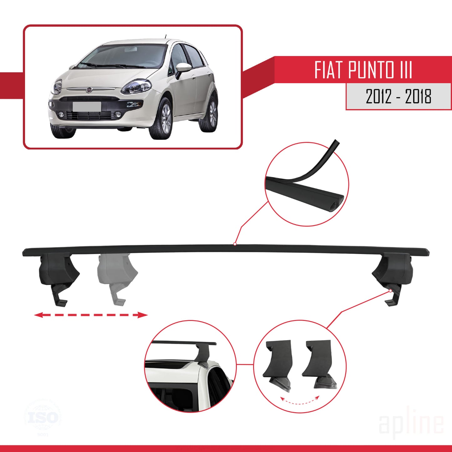 Compatible avec Fiat Punto 3 (199) 2012-2018 ACE-4 Barres de Toit Railing Porte-Bagages de Voiture Noir Aluminium 2 Barres