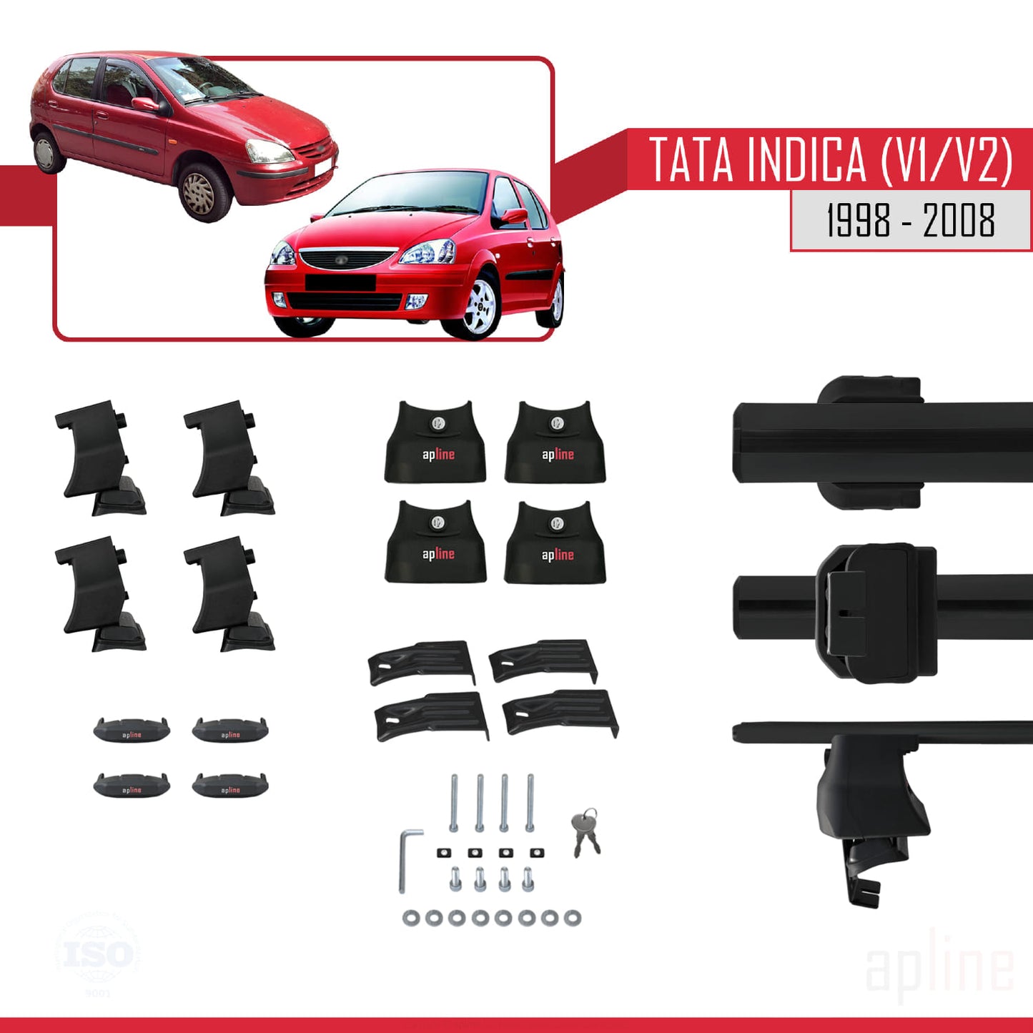 Compatible avec Tata Indica (V1/V2) 1998-2008 ACE-4 Barres de Toit Railing Porte-Bagages de Voiture Noir Aluminium 2 Barres