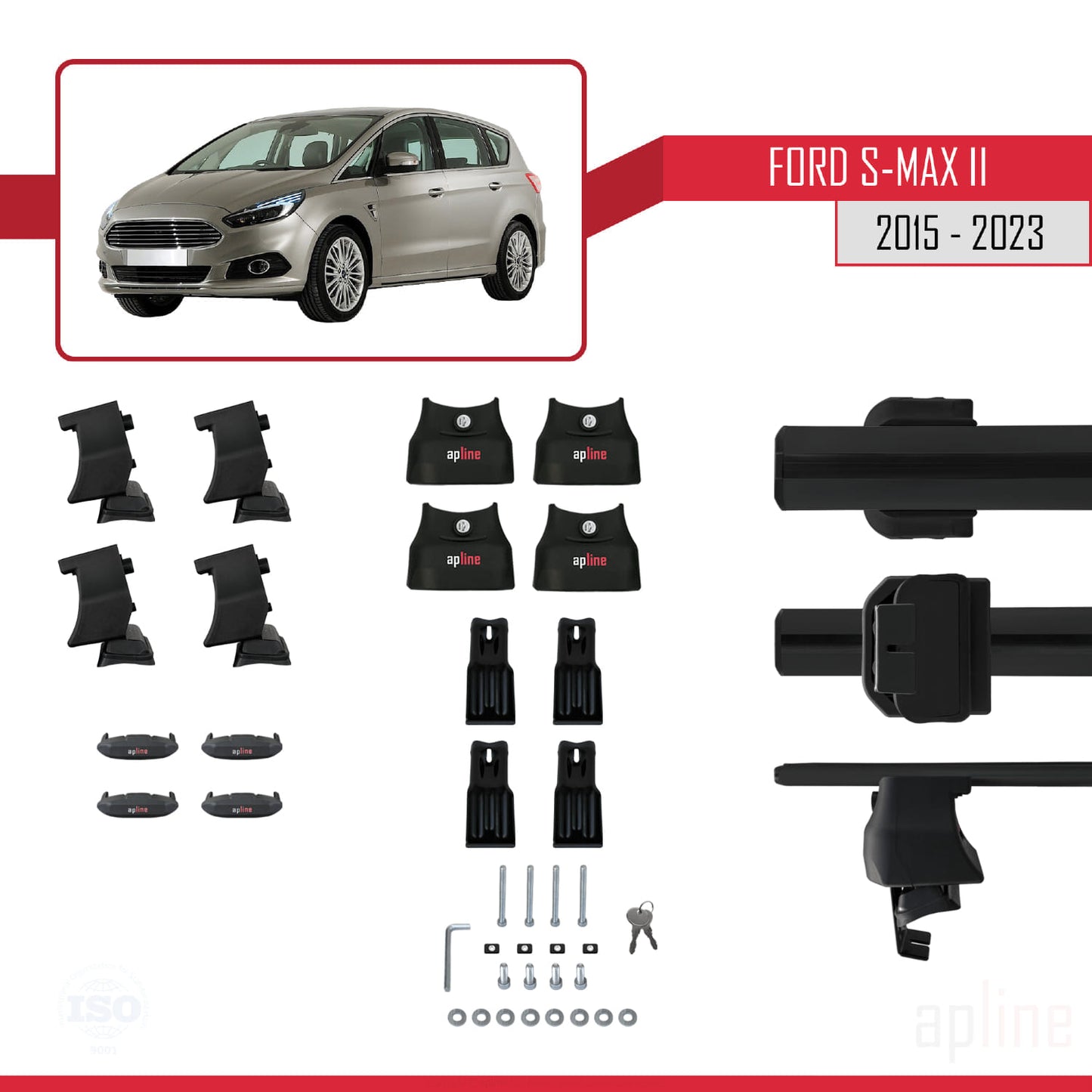 Compatible avec Ford S-Max 2 (CD539) 2015-2023 ACE-4 Barres de Toit Railing Porte-Bagages de Voiture Noir Aluminium 2 Barres