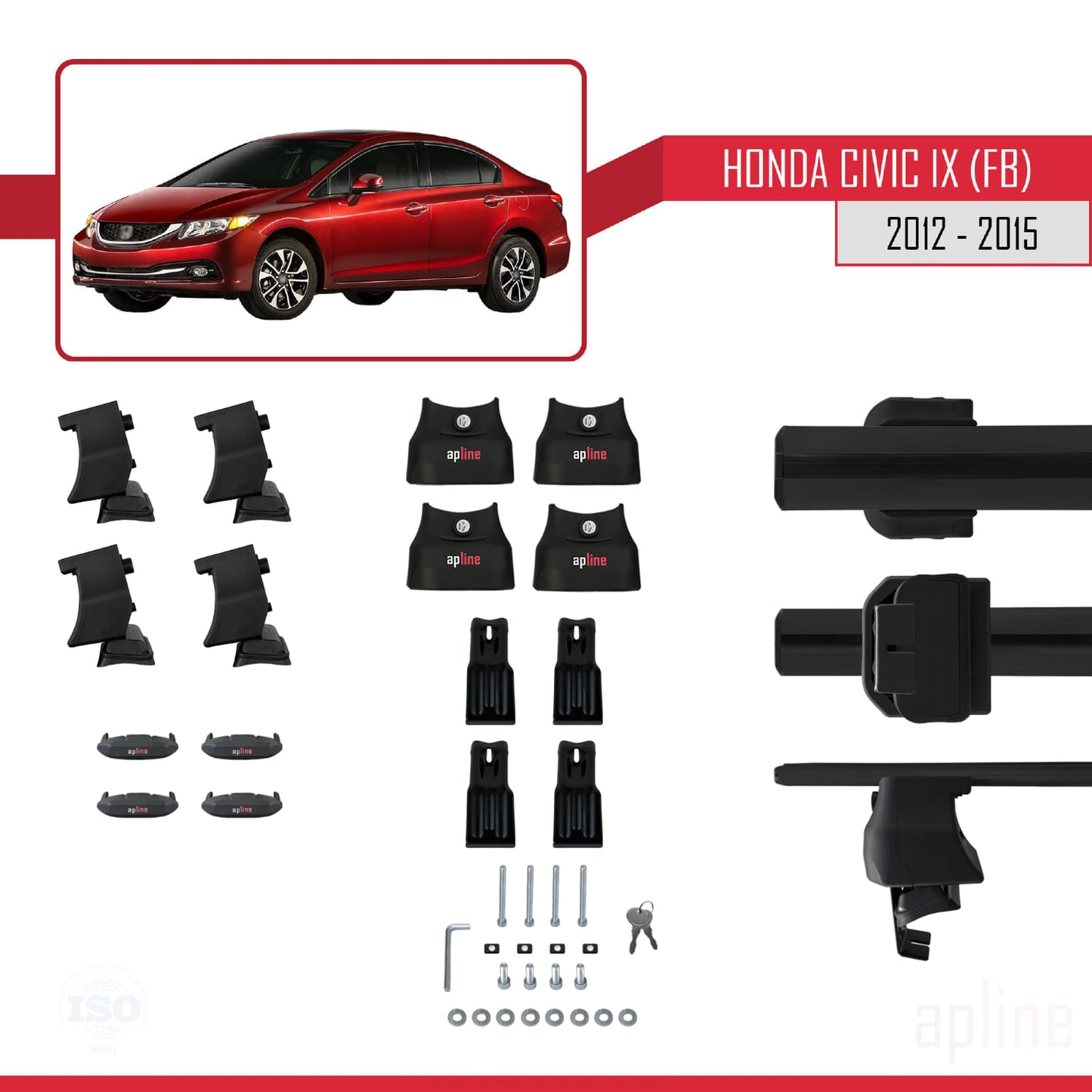 Compatible avec Honda Civic 9 (FB) Berline 2012-2015 ACE-4 Barres de Toit Railing Porte-Bagages de Voiture Noir Aluminium 2 Barres