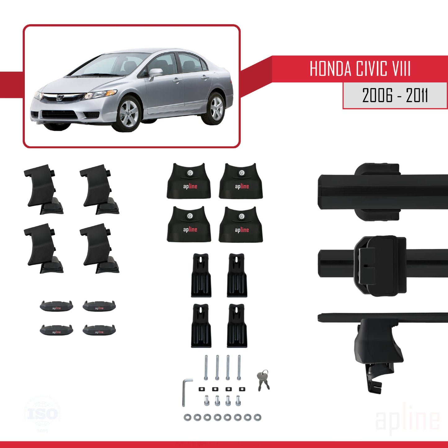 Compatible avec Honda Civic 8 V3 Berline 2006-2011 ACE-4 Barres de Toit Railing Porte-Bagages de Voiture Noir Aluminium 2 Barres