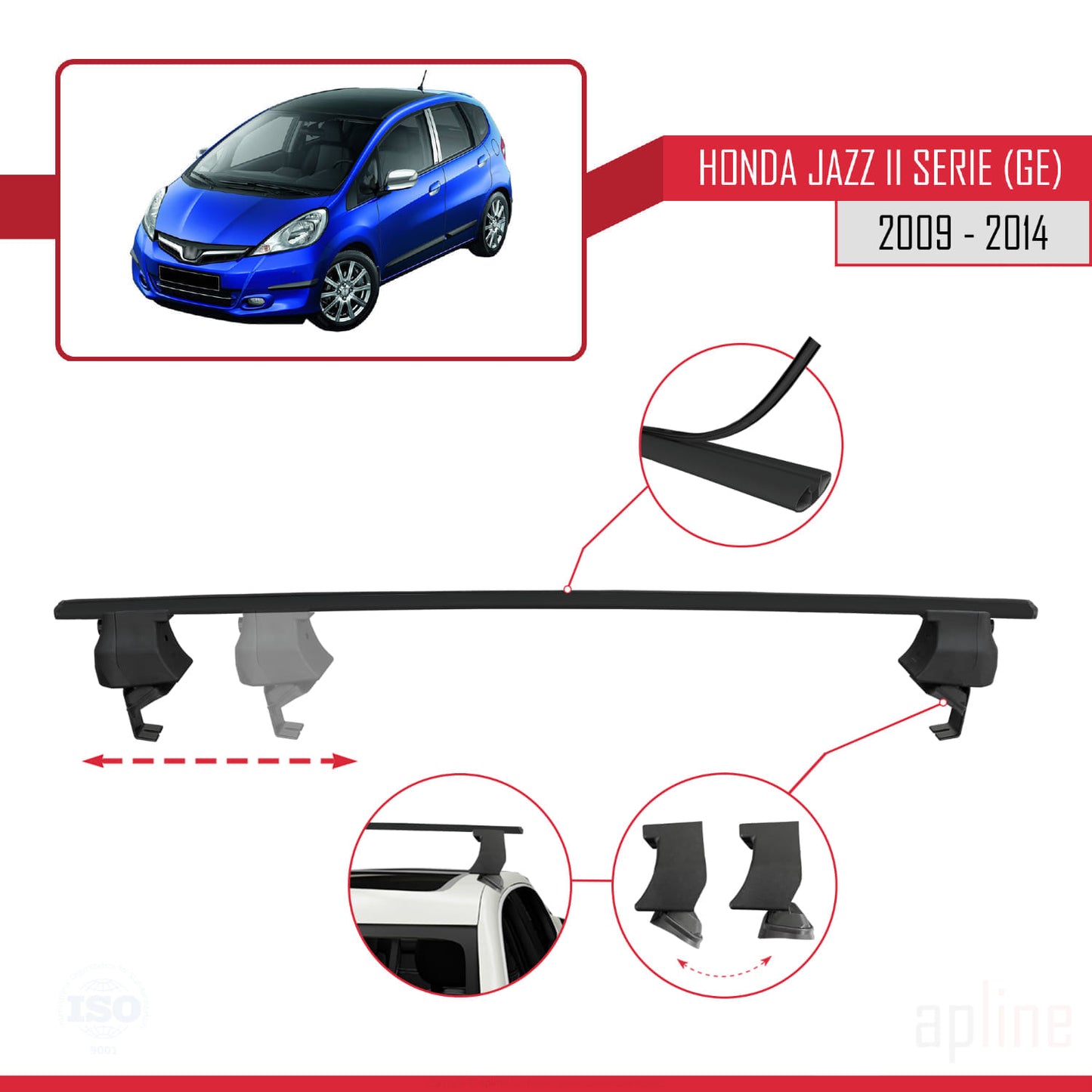 Compatible avec Honda Jazz 2 (GE) 2009-2014 ACE-4 Barres de Toit Railing Porte-Bagages de Voiture Noir Aluminium 2 Barres