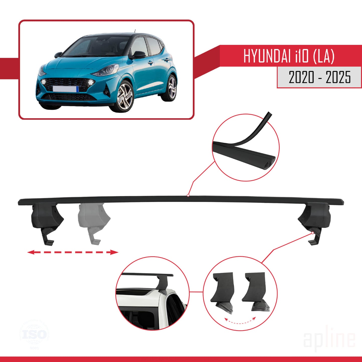 Compatible avec Hyundai i10 III (AC3) 2020-2025 ACE-4 Barres de Toit Railing Porte-Bagages de Voiture Noir Aluminium 2 Barres