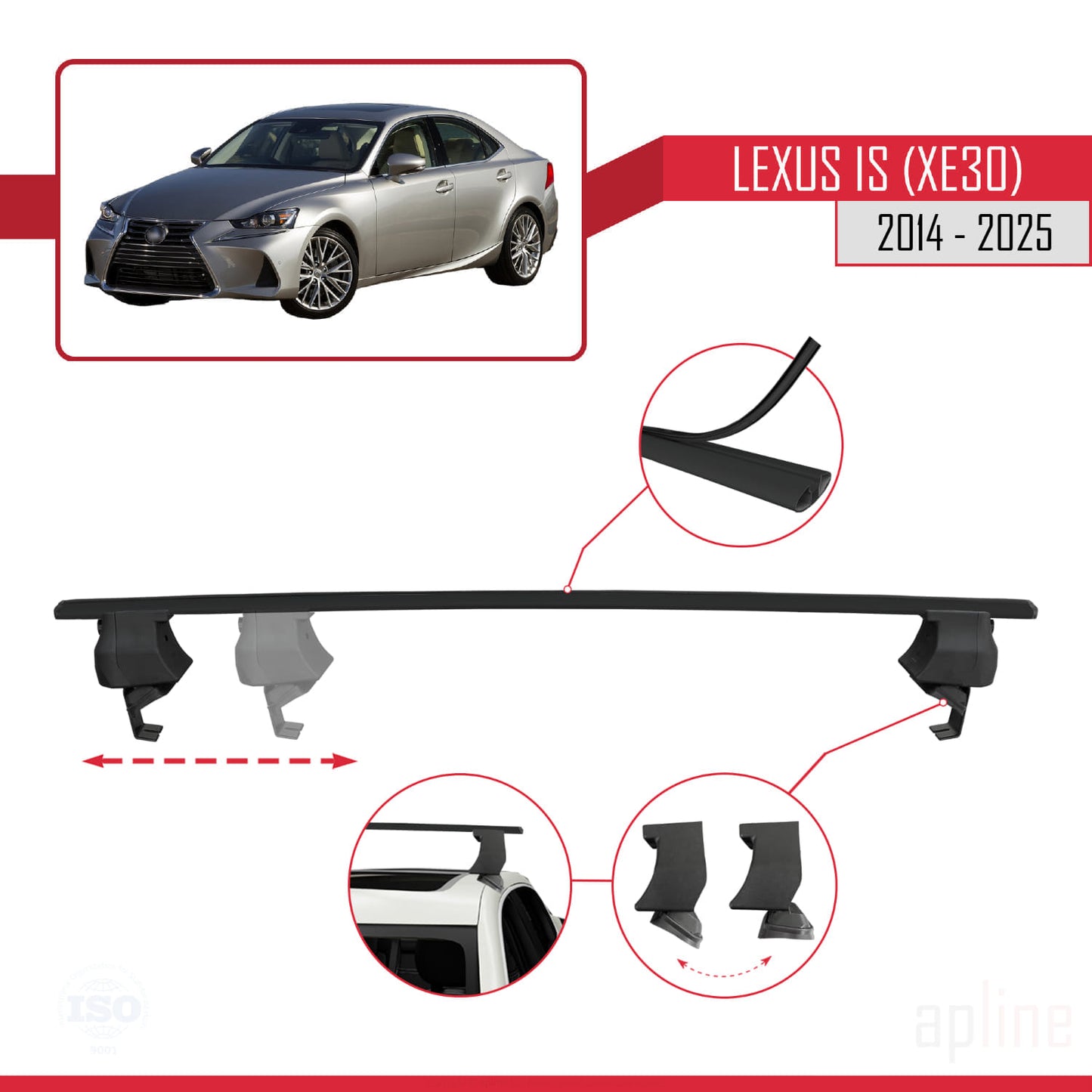 Compatible with Lexus IS 3 (XE30) 2014-2025 ACE-4 Car Roof Rack Cross Bar Black Aluminium 2 Bars