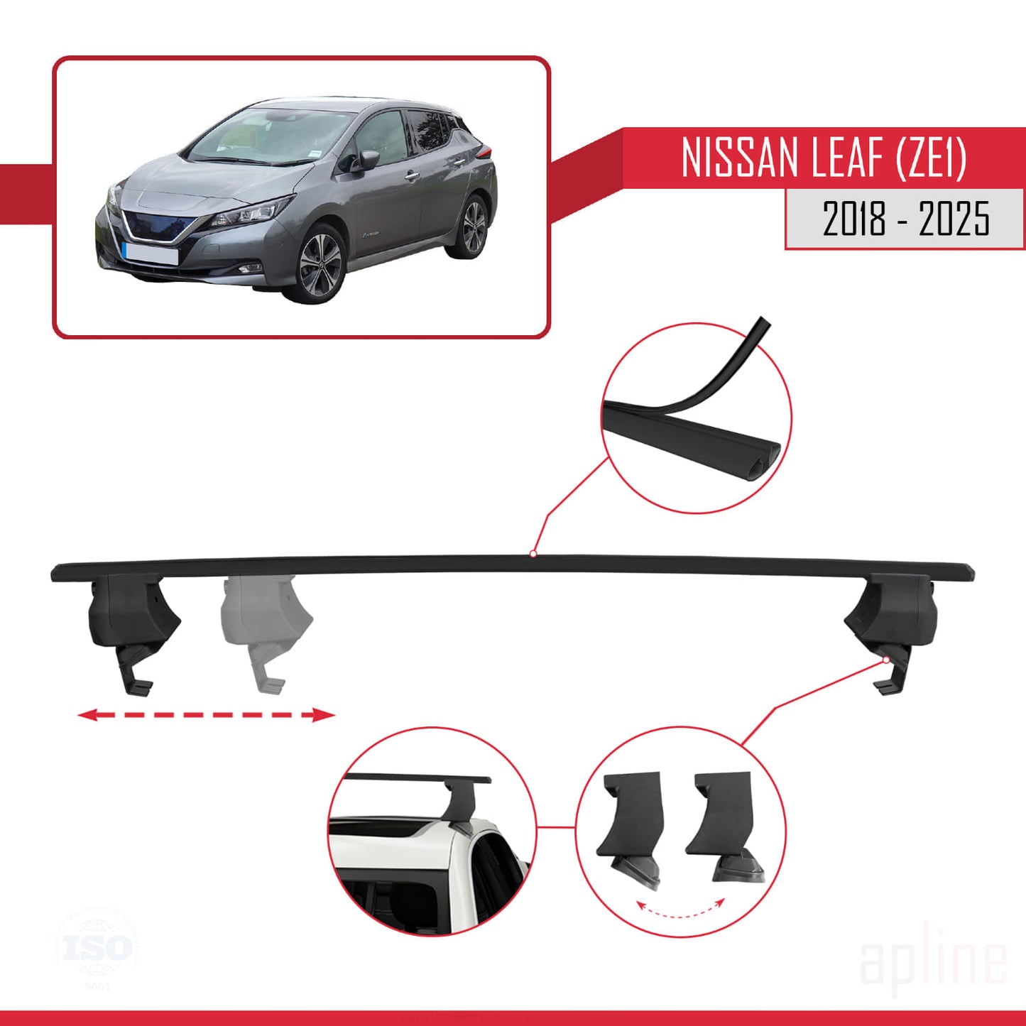 Compatible avec Nissan Leaf 2 (ZE1) 2018-2025 ACE-4 Barres de Toit Railing Porte-Bagages de Voiture Noir Aluminium 2 Barres